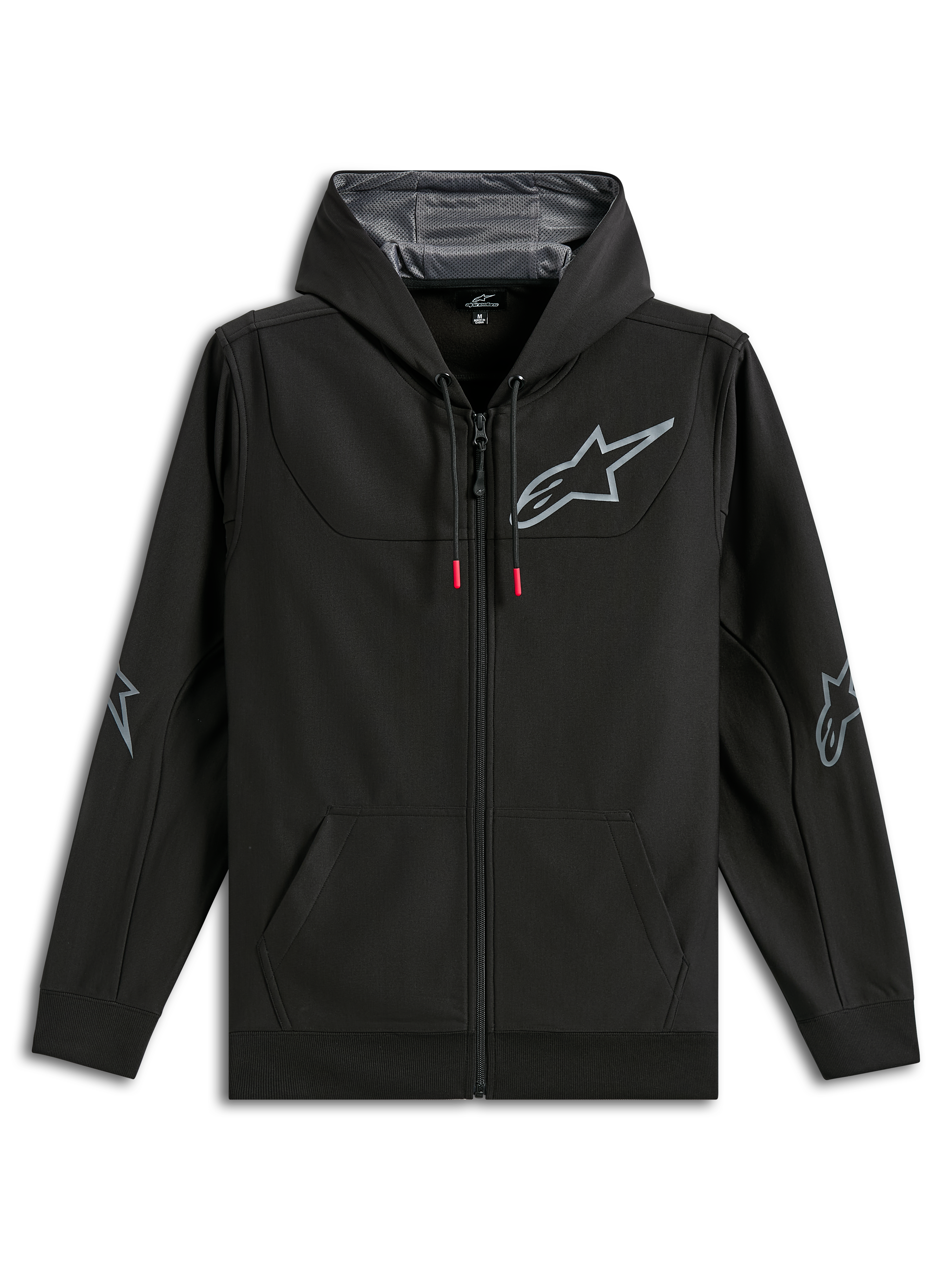 Alpinestars Sessions V3 Hoodie, czarna bluza z polaru zapinana na zamek, szare logo gwiazdy Alpinestars na piersi i łokciach, sznurki z czerwonymi końcówkami, kaptur z podszewką z siateczki, codzienna odzież streetwearowa w stylu motorsport