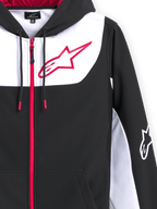 Alpinestars Sessions V3 Hoodie, polarowa bluza z kapturem zapinana na zamek, czarna z białymi i czerwonymi akcentami, duże czerwone logo gwiazdy Alpinestars na piersi, czerwony zamek błyskawiczny, sznurki z czerwonymi końcówkami, białe logo na rękawie, swobodny design inspirowany sportami motorowymi