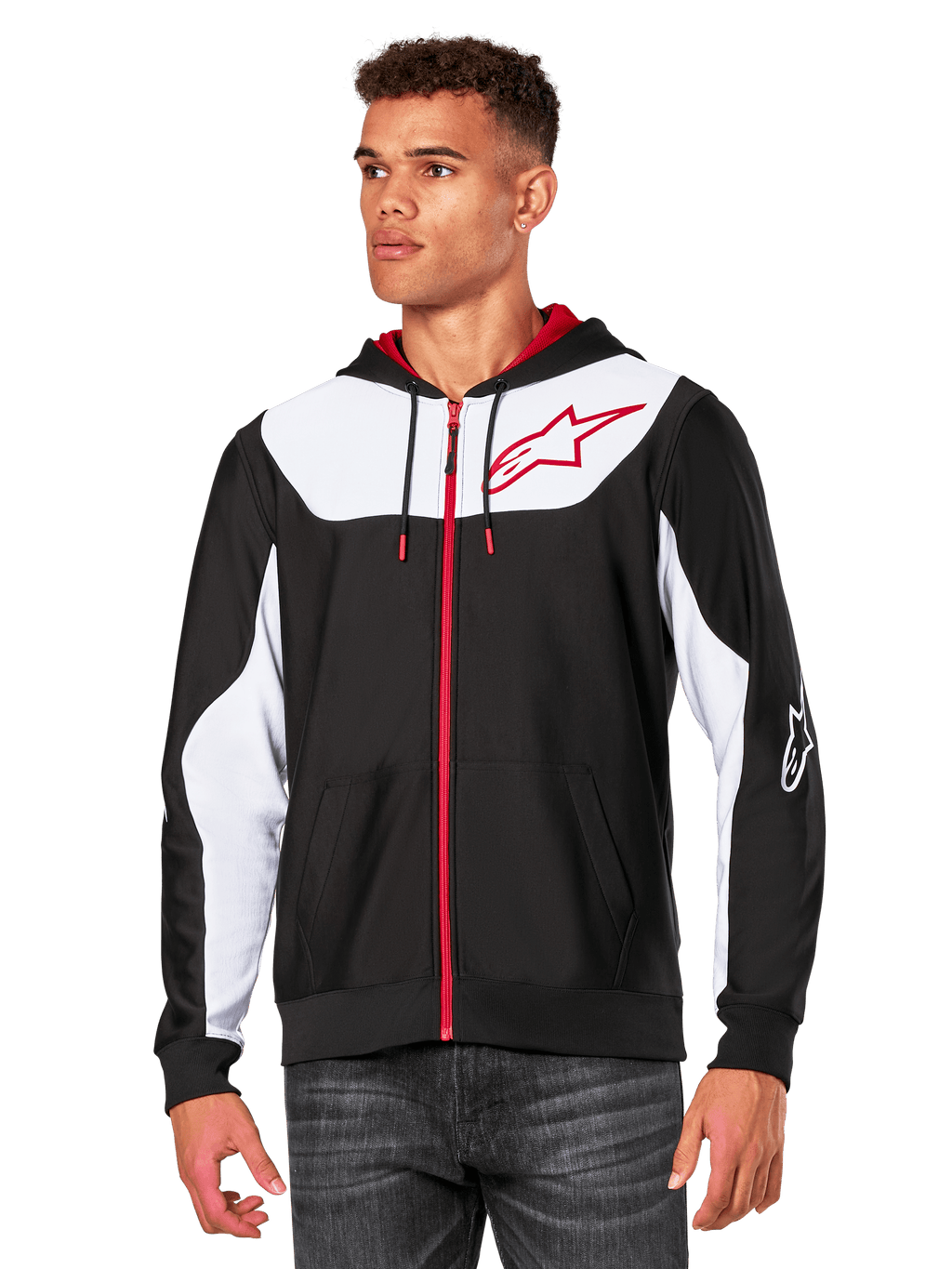 Alpinestars Sessions V3 Hoodie, bluza z kapturem na zamek, czarna z białymi panelami i czerwonymi akcentami, czerwony zamek błyskawiczny, kaptur podszyty siatką, logo gwiazdy Alpinestars na klatce piersiowej, codzienna odzież typu streetwear inspirowana sportami motorowymi