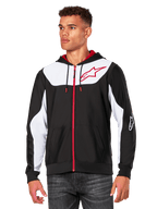 Alpinestars Sessions V3 Hoodie, bluza z kapturem na zamek, czarna z białymi panelami i czerwonymi akcentami, czerwony zamek błyskawiczny, kaptur podszyty siatką, logo gwiazdy Alpinestars na klatce piersiowej, codzienna odzież typu streetwear inspirowana sportami motorowymi
