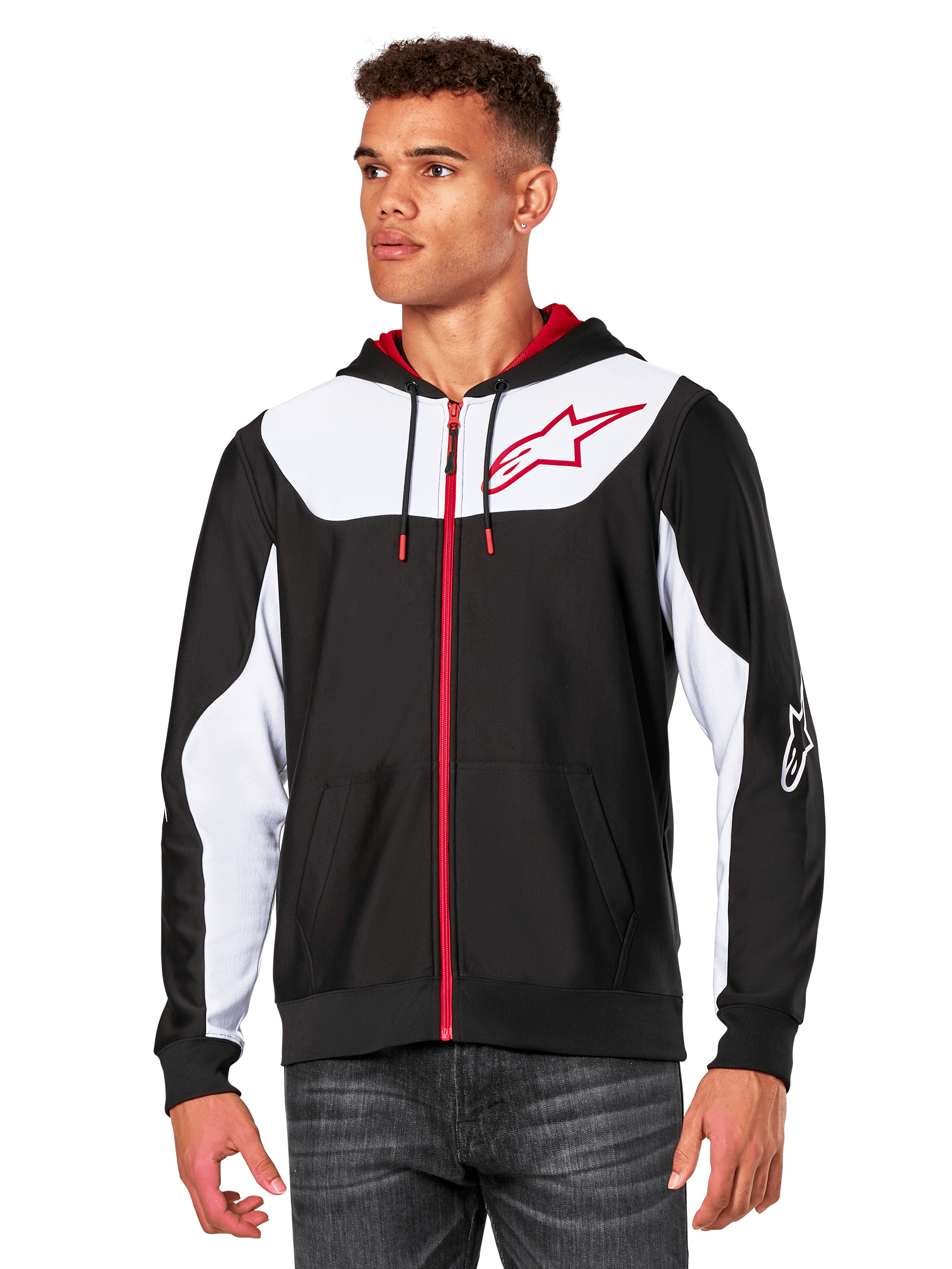 Alpinestars Sessions V3 Hoodie, bluza z kapturem na zamek, czarna z białymi panelami i czerwonymi akcentami, czerwony zamek błyskawiczny, kaptur podszyty siatką, logo gwiazdy Alpinestars na klatce piersiowej, codzienna odzież typu streetwear inspirowana sportami motorowymi