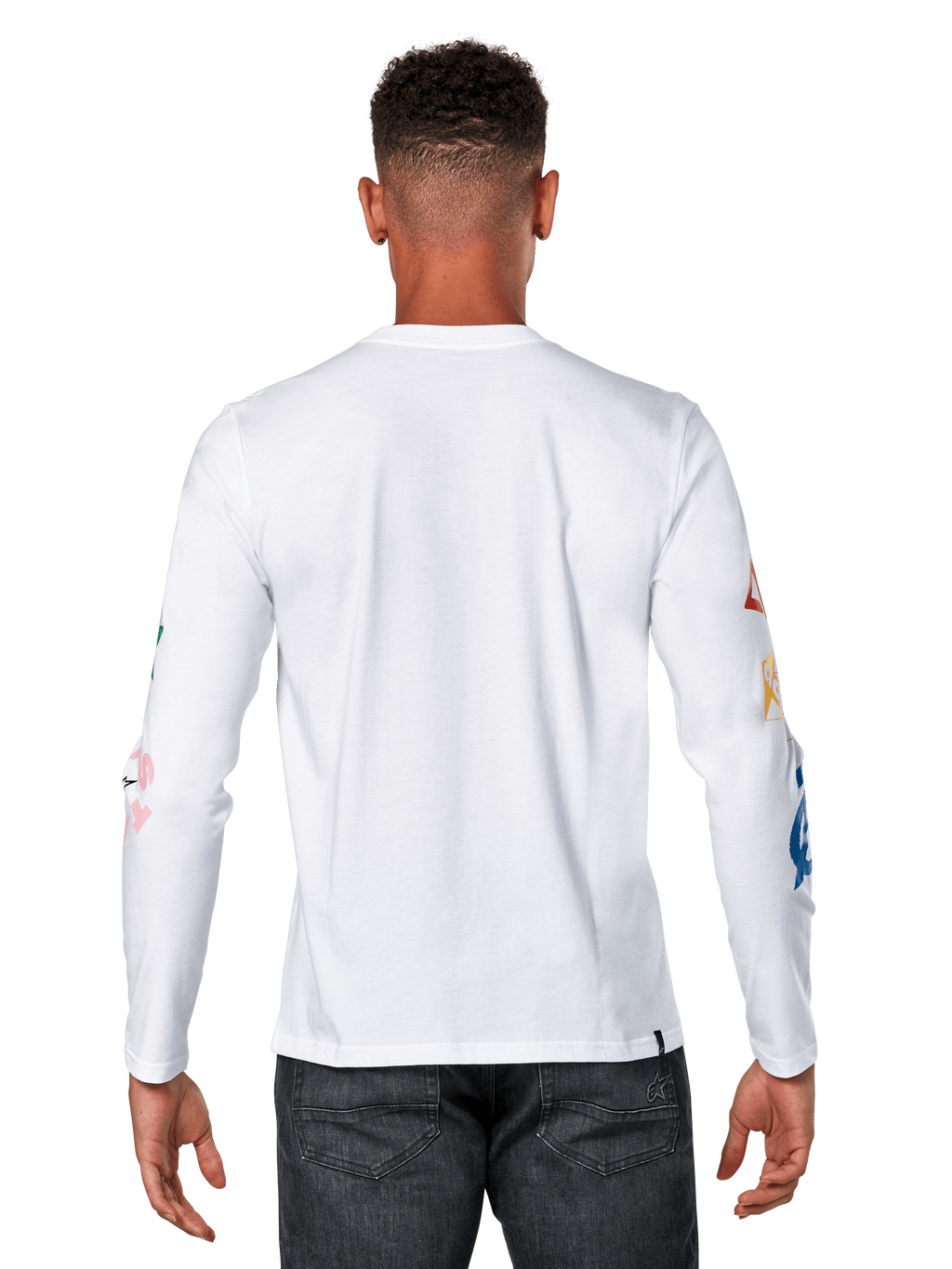 Alpinestars Brundo CSF Tee, biała koszulka z długim rękawem, widok z tyłu z kolorowymi nadrukami graficznymi na rękawach, codzienna odzież streetwearowa w stylu motorsportowym