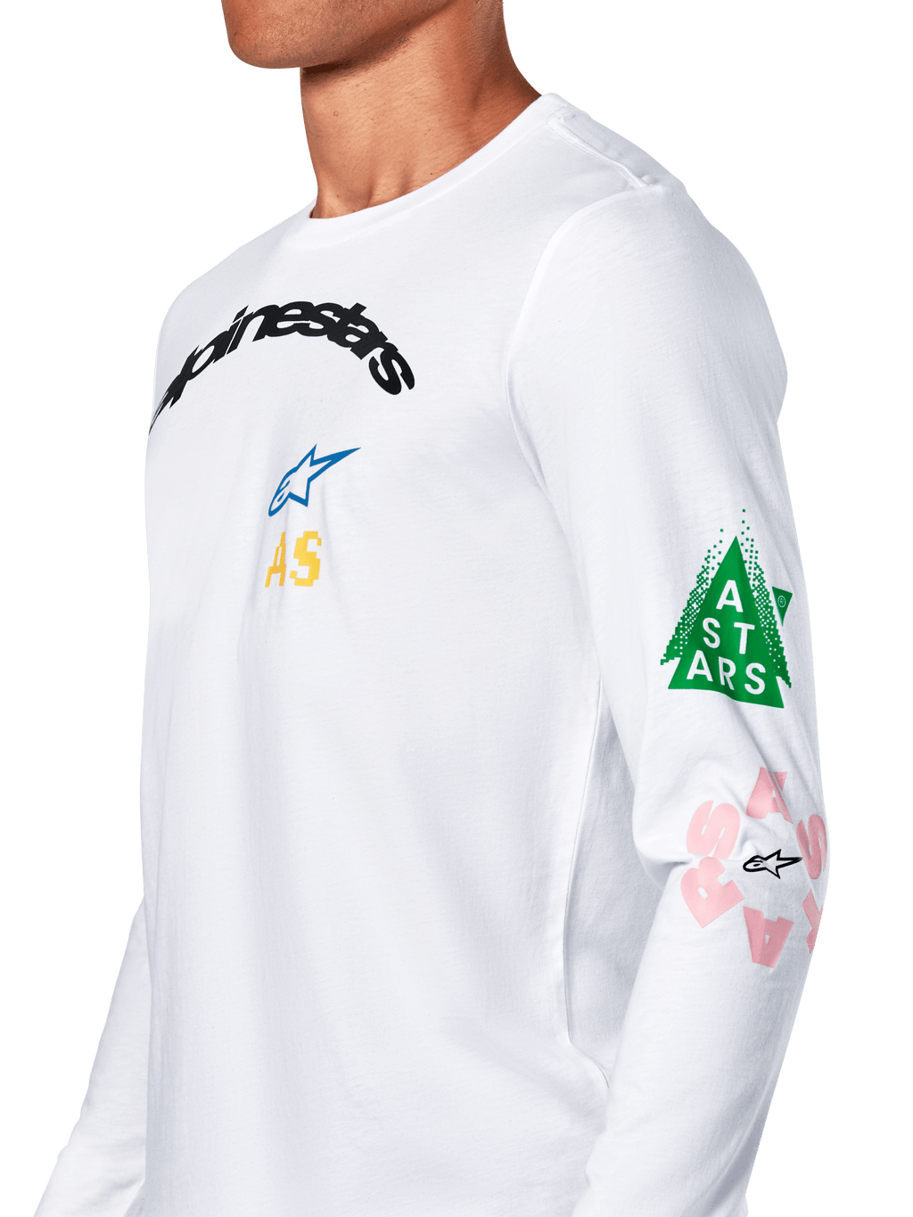 Alpinestars Brundo CSF Tee, koszulka z długim rękawem, biała, wielokolorowe grafiki na klatce piersiowej i rękawie, zielony trójkąt i różowe detale logo, codzienna odzież sportowa motorsport