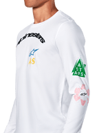 Alpinestars Brundo CSF Tee, koszulka z długim rękawem, biała, wielokolorowe grafiki na klatce piersiowej i rękawie, zielony trójkąt i różowe detale logo, codzienna odzież sportowa motorsport