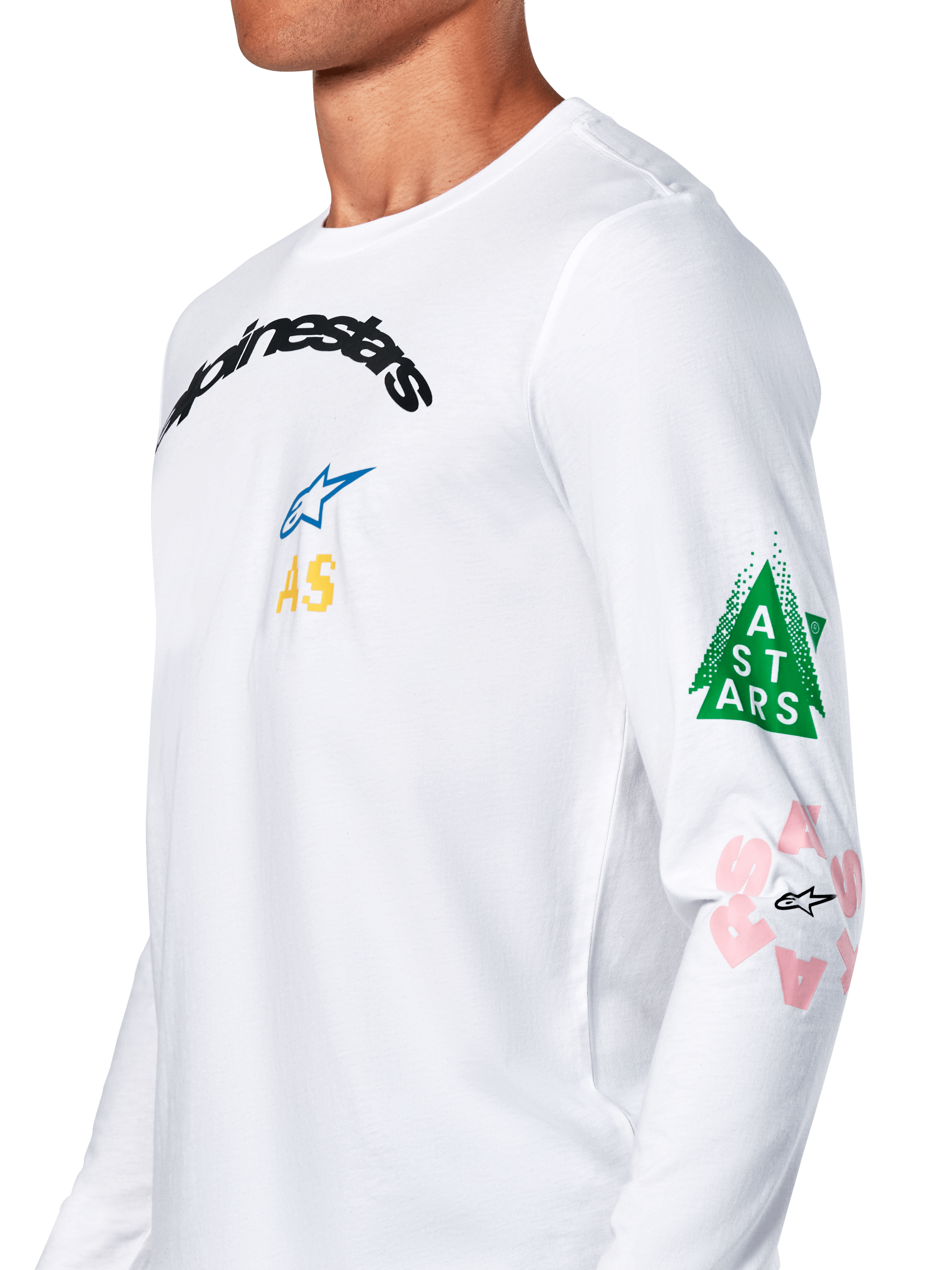 Alpinestars Brundo CSF Tee, koszulka z długim rękawem, biała, wielokolorowe grafiki na klatce piersiowej i rękawie, zielony trójkąt i różowe detale logo, codzienna odzież sportowa motorsport