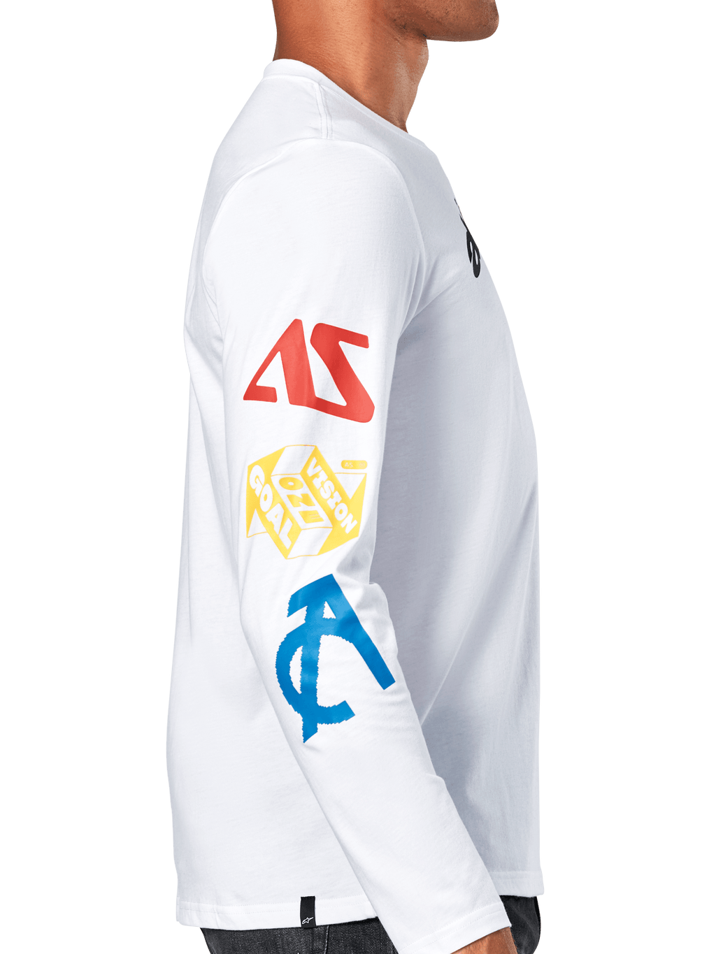 Alpinestars Brundo CSF Tee, koszulka z długim rękawem, biała, widok z boku prezentujący wielokolorowe grafiki na rękawie w kolorach czerwonym, żółtym i niebieskim, casualowy streetwear motorsportowy