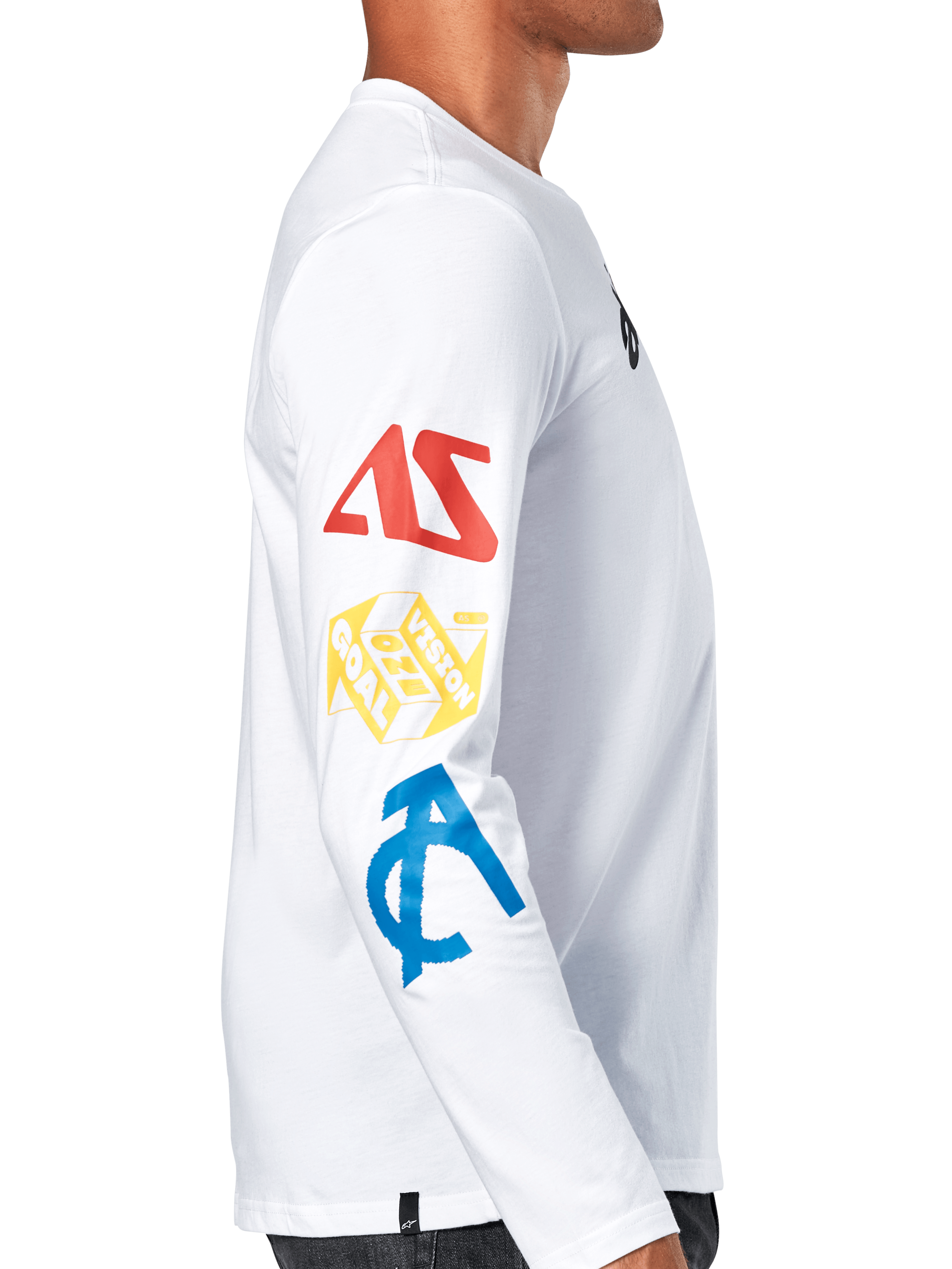 Alpinestars Brundo CSF Tee, koszulka z długim rękawem, biała, widok z boku prezentujący wielokolorowe grafiki na rękawie w kolorach czerwonym, żółtym i niebieskim, casualowy streetwear motorsportowy