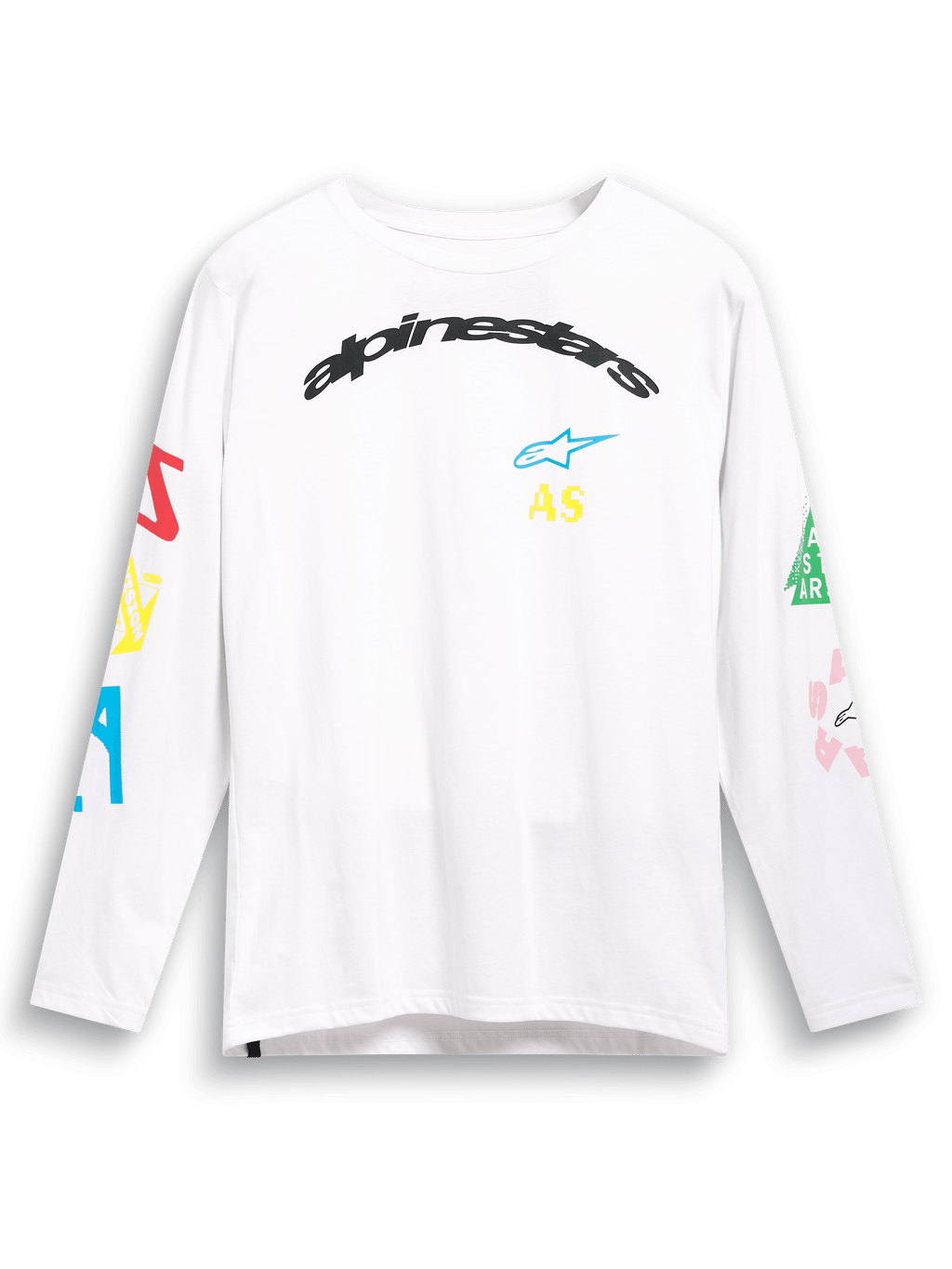 Alpinestars Brundo CSF Tee, koszulka z długim rękawem, biała, z kolorowymi grafikami logo multi-mix na klatce piersiowej i rękawach, czarny łukowaty napis Alpinestars, casualowa odzież streetwearowa w stylu motorsportowym