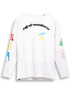 Alpinestars Brundo CSF Tee, koszulka z długim rękawem, biała, z kolorowymi grafikami logo multi-mix na klatce piersiowej i rękawach, czarny łukowaty napis Alpinestars, casualowa odzież streetwearowa w stylu motorsportowym