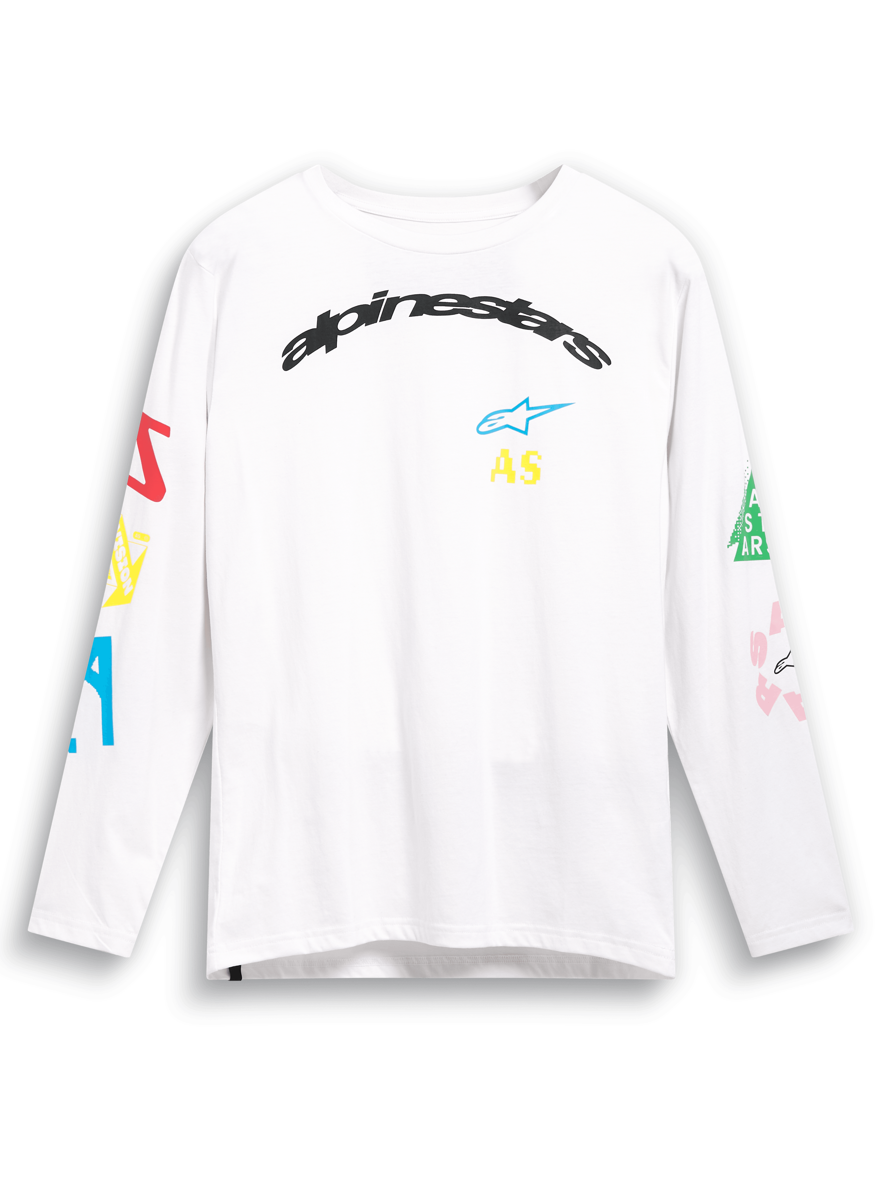 Alpinestars Brundo CSF Tee, koszulka z długim rękawem, biała, z kolorowymi grafikami logo multi-mix na klatce piersiowej i rękawach, czarny łukowaty napis Alpinestars, casualowa odzież streetwearowa w stylu motorsportowym