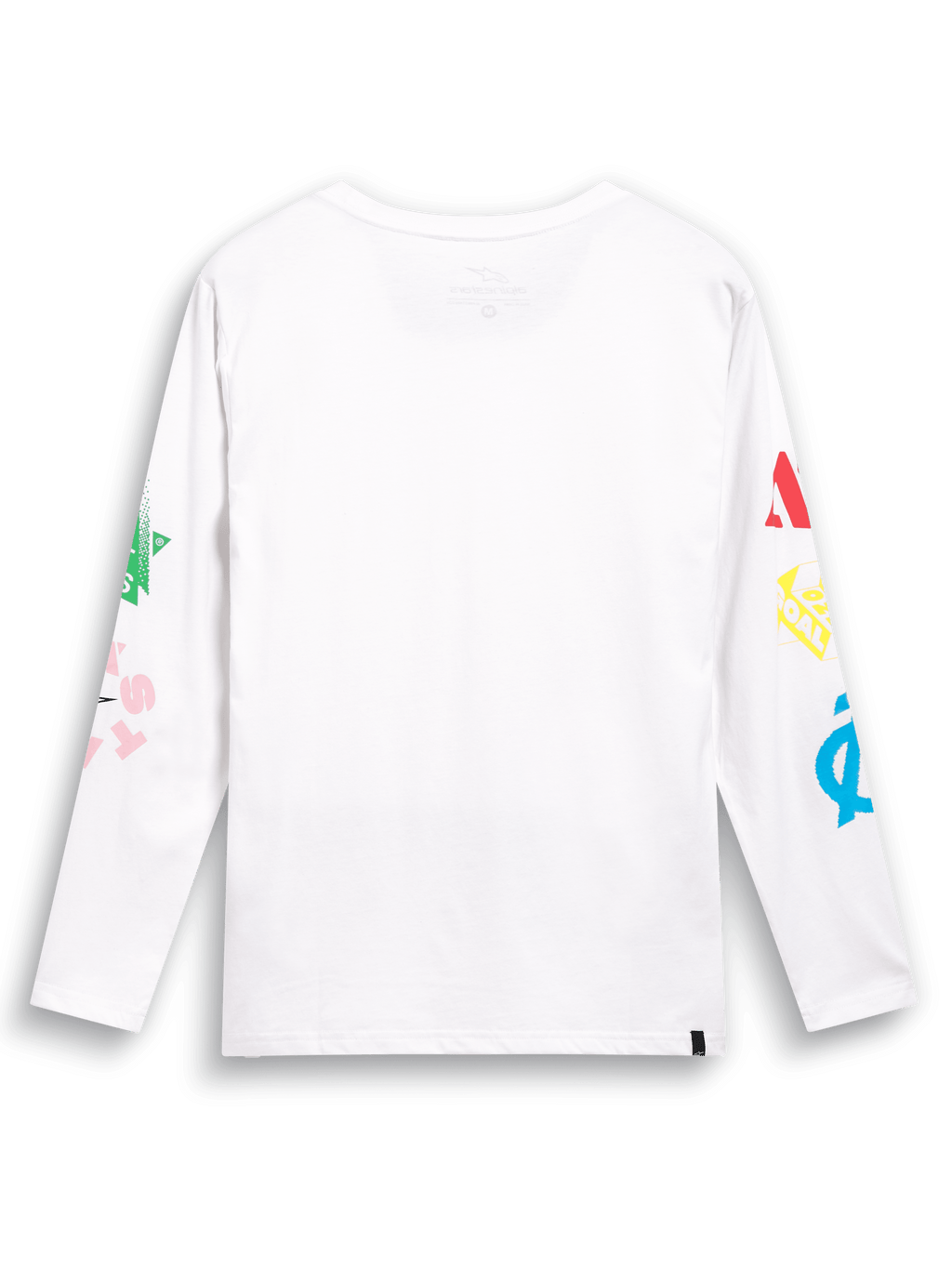 Alpinestars Brundo CSF Tee, koszulka z długim rękawem, biała, widok z tyłu, kolorowe grafiki logo multi-mix na obu rękawach, codzienna odzież streetwear inspirowana motorsportem