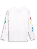 Alpinestars Brundo CSF Tee, koszulka z długim rękawem, biała, widok z tyłu, kolorowe grafiki logo multi-mix na obu rękawach, codzienna odzież streetwear inspirowana motorsportem