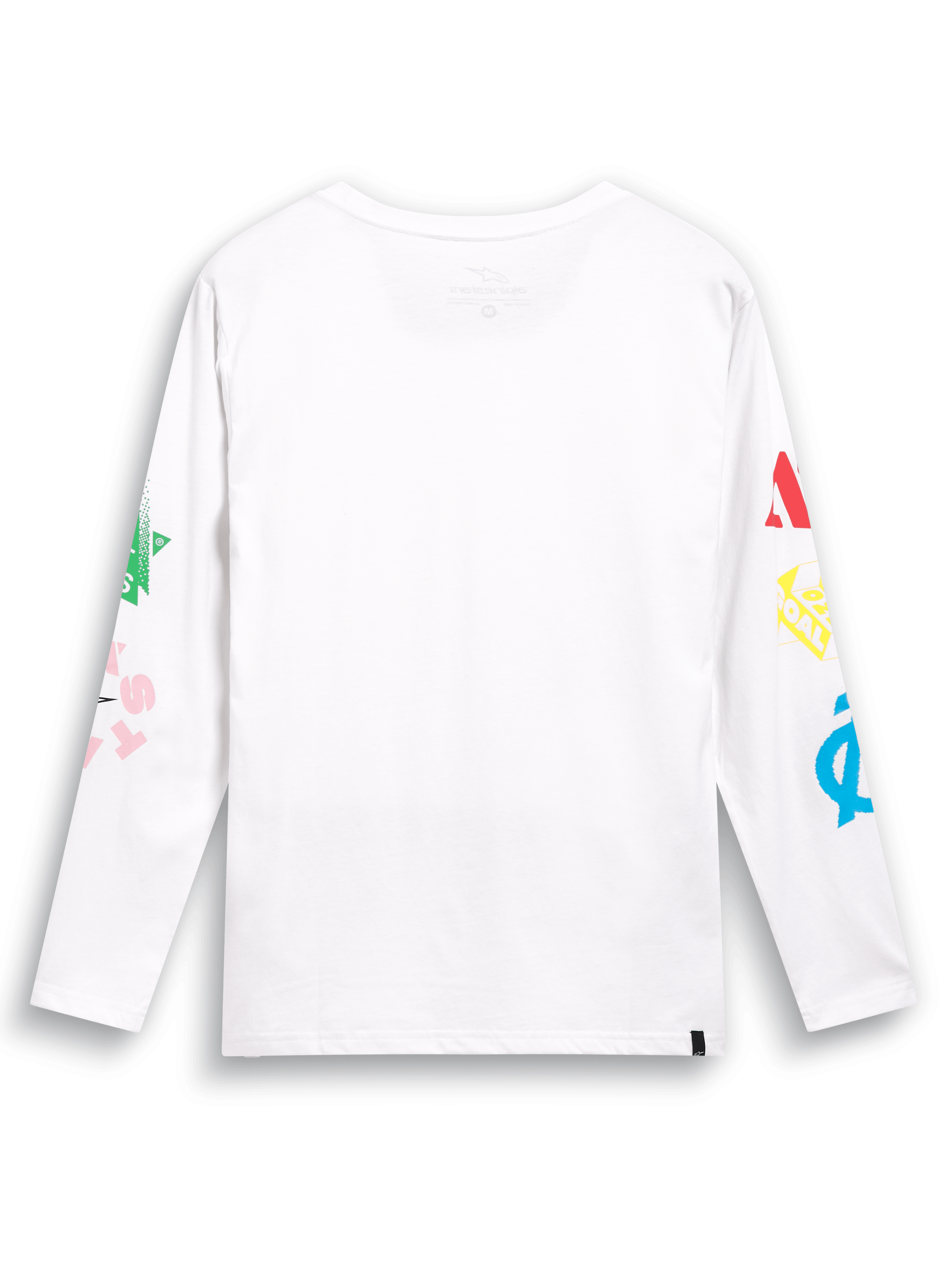 Alpinestars Brundo CSF Tee, koszulka z długim rękawem, biała, widok z tyłu, kolorowe grafiki logo multi-mix na obu rękawach, codzienna odzież streetwear inspirowana motorsportem