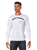 Alpinestars Brundo CSF Long Sleeve Tee, biała męska koszulka z długim rękawem, zakrzywione czarne logo Alpinestars z niebieską gwiazdą i żółtymi inicjałami AS, kolorowe nadruki graficzne na rękawach, casualowa odzież motorsport streetwear