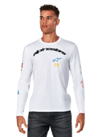 Alpinestars Brundo CSF Long Sleeve Tee, biała męska koszulka z długim rękawem, zakrzywione czarne logo Alpinestars z niebieską gwiazdą i żółtymi inicjałami AS, kolorowe nadruki graficzne na rękawach, casualowa odzież motorsport streetwear