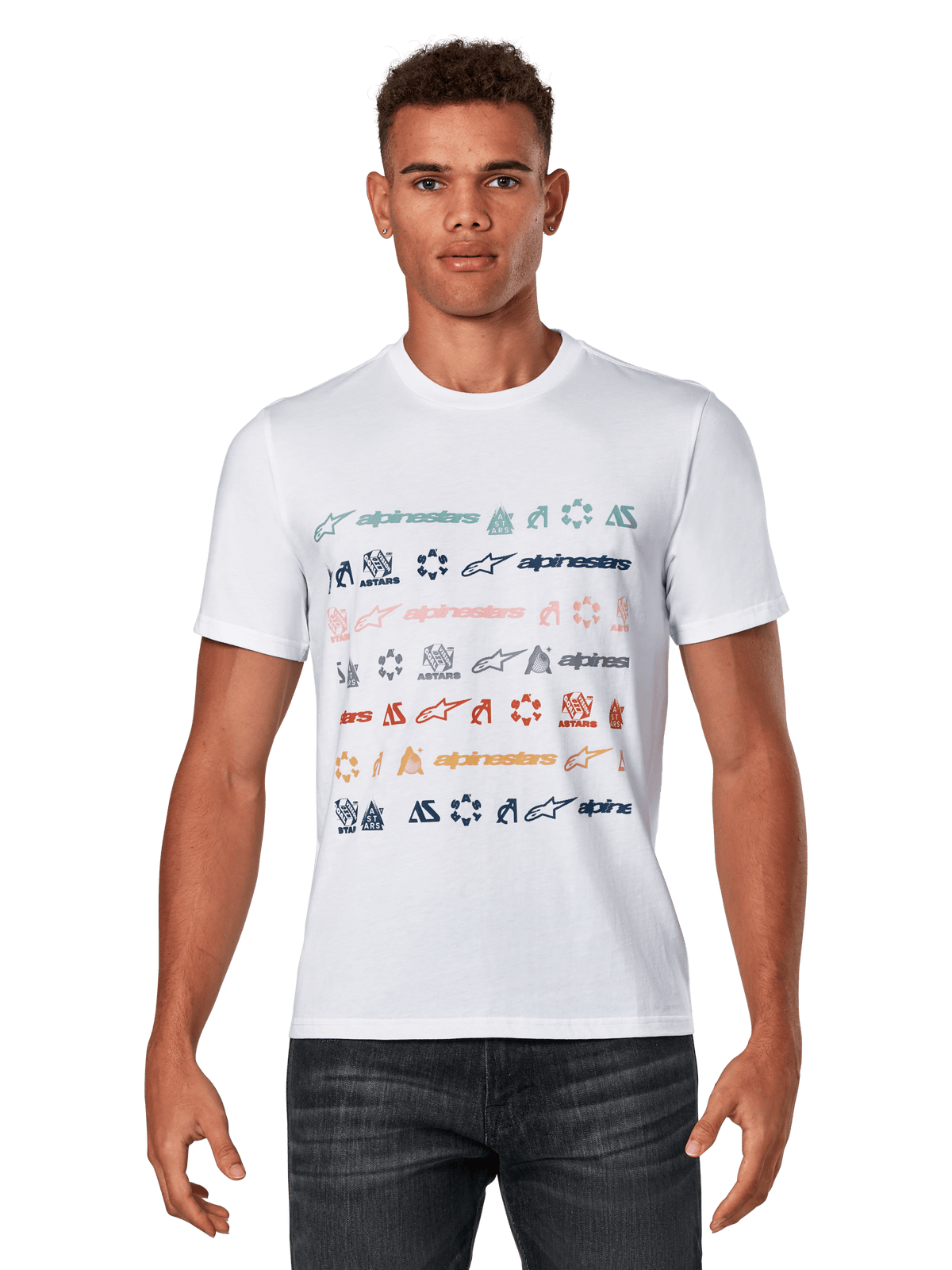 Alpinestars Glyfs CSF Tee, Short Sleeve T-Shirt, White, featuring a multi-logo striped graphic with colorful icons across the front, Casual Motorsport Sportswear