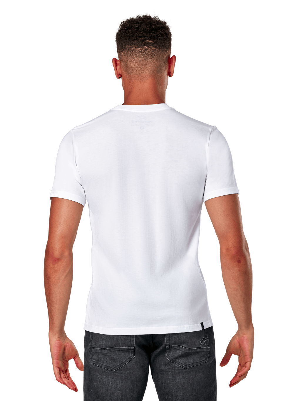 Alpinestars Elliptic CSF Tee, koszulka z krótkim rękawem, biała, widok z tyłu na modelu w ciemnoszarych jeansach, codzienna odzież streetwearowa w stylu motorsport