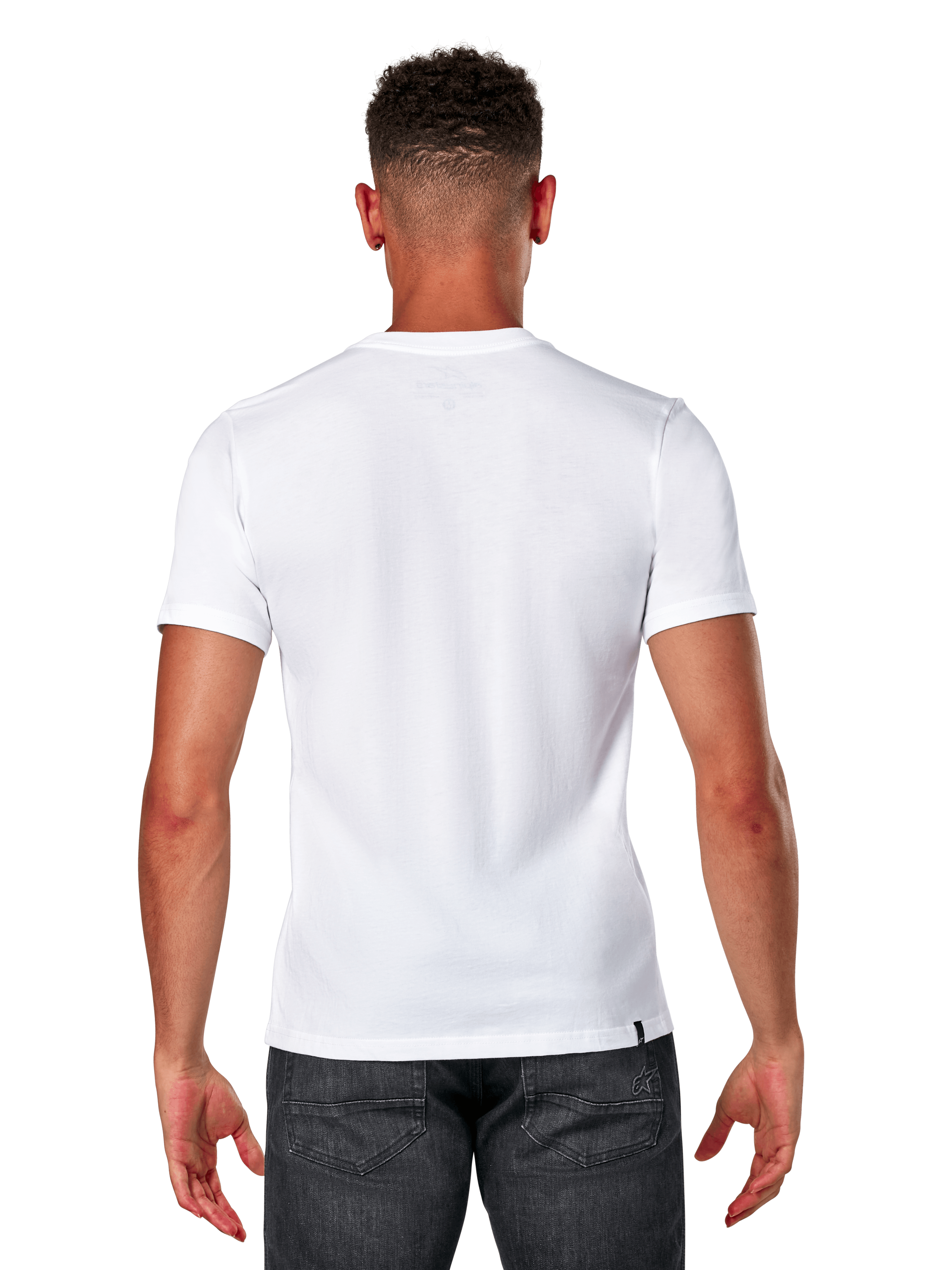 Alpinestars Elliptic CSF Tee, koszulka z krótkim rękawem, biała, widok z tyłu na modelu w ciemnoszarych jeansach, codzienna odzież streetwearowa w stylu motorsport