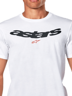 Alpinestars Elliptic CSF Tee, koszulka z krótkim rękawem, biała, czarne logo Astars w łuku z czerwonym symbolem na klatce piersiowej, motorsportowa odzież sportowa typu casual