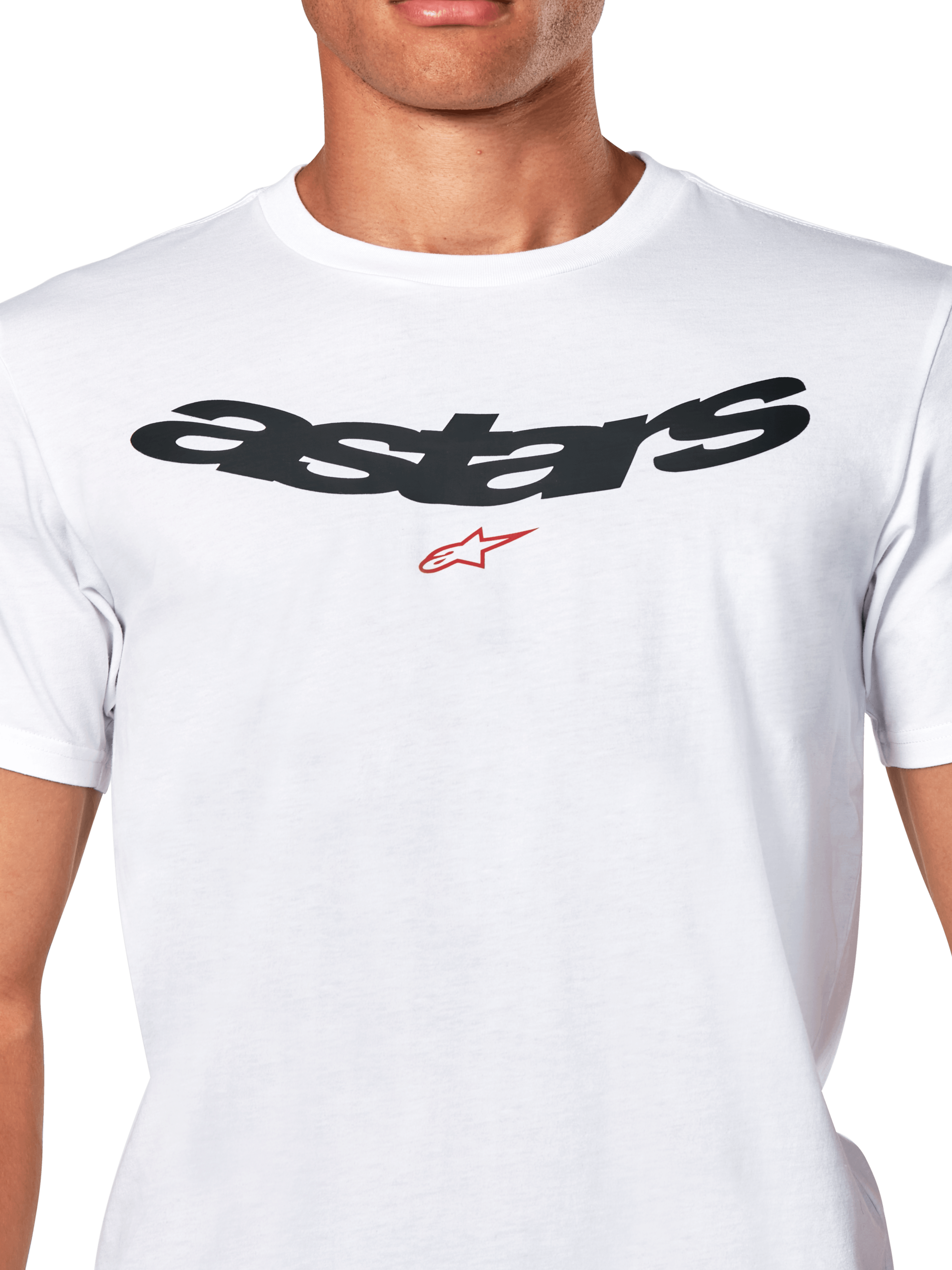 Alpinestars Elliptic CSF Tee, koszulka z krótkim rękawem, biała, czarne logo Astars w łuku z czerwonym symbolem na klatce piersiowej, motorsportowa odzież sportowa typu casual