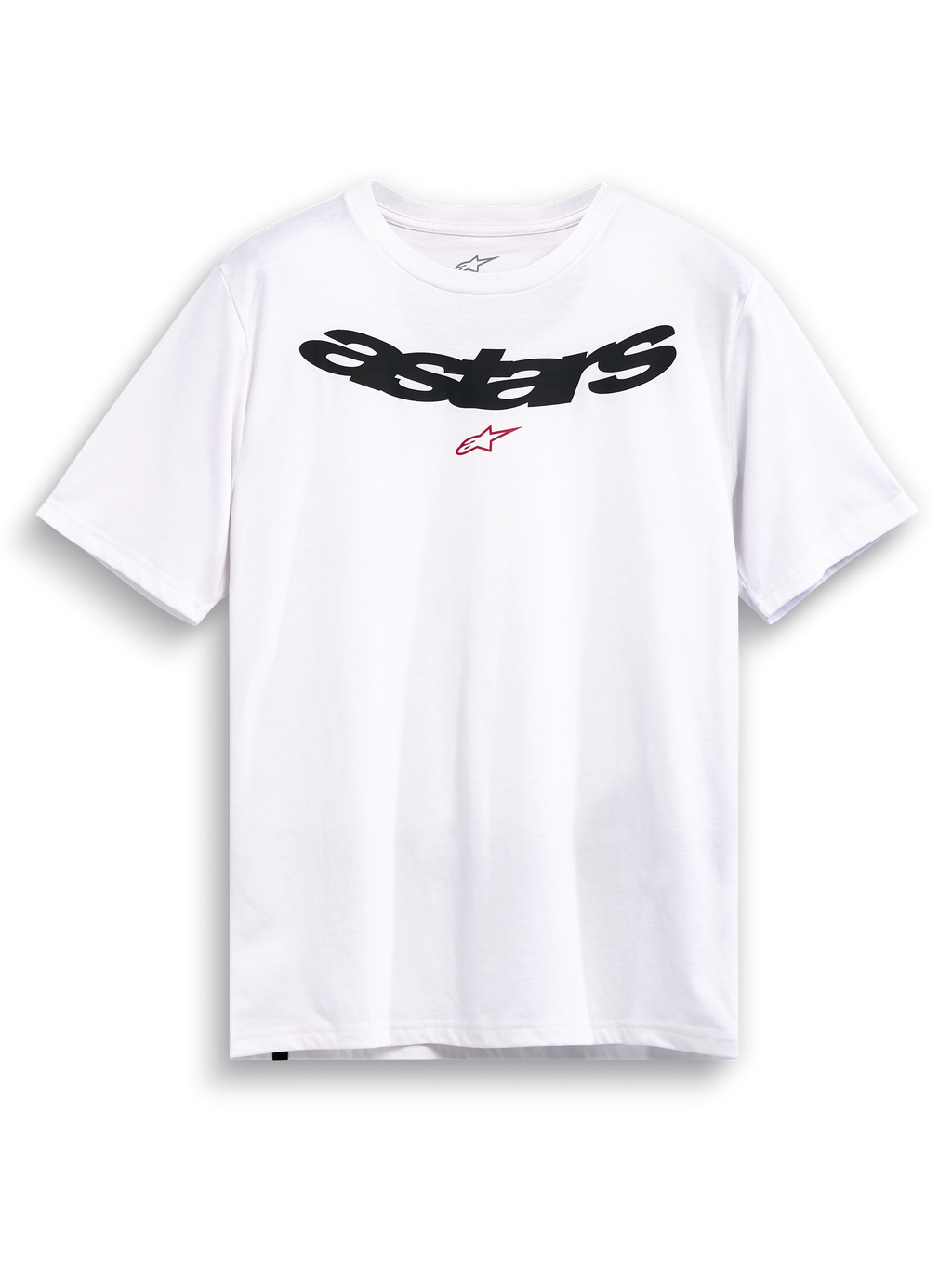 Alpinestars Elliptic CSF Tee, biała koszulka sportowa z krótkim rękawem, czarne łukowate logo astars i czerwona grafika logo na górnej części klatki piersiowej