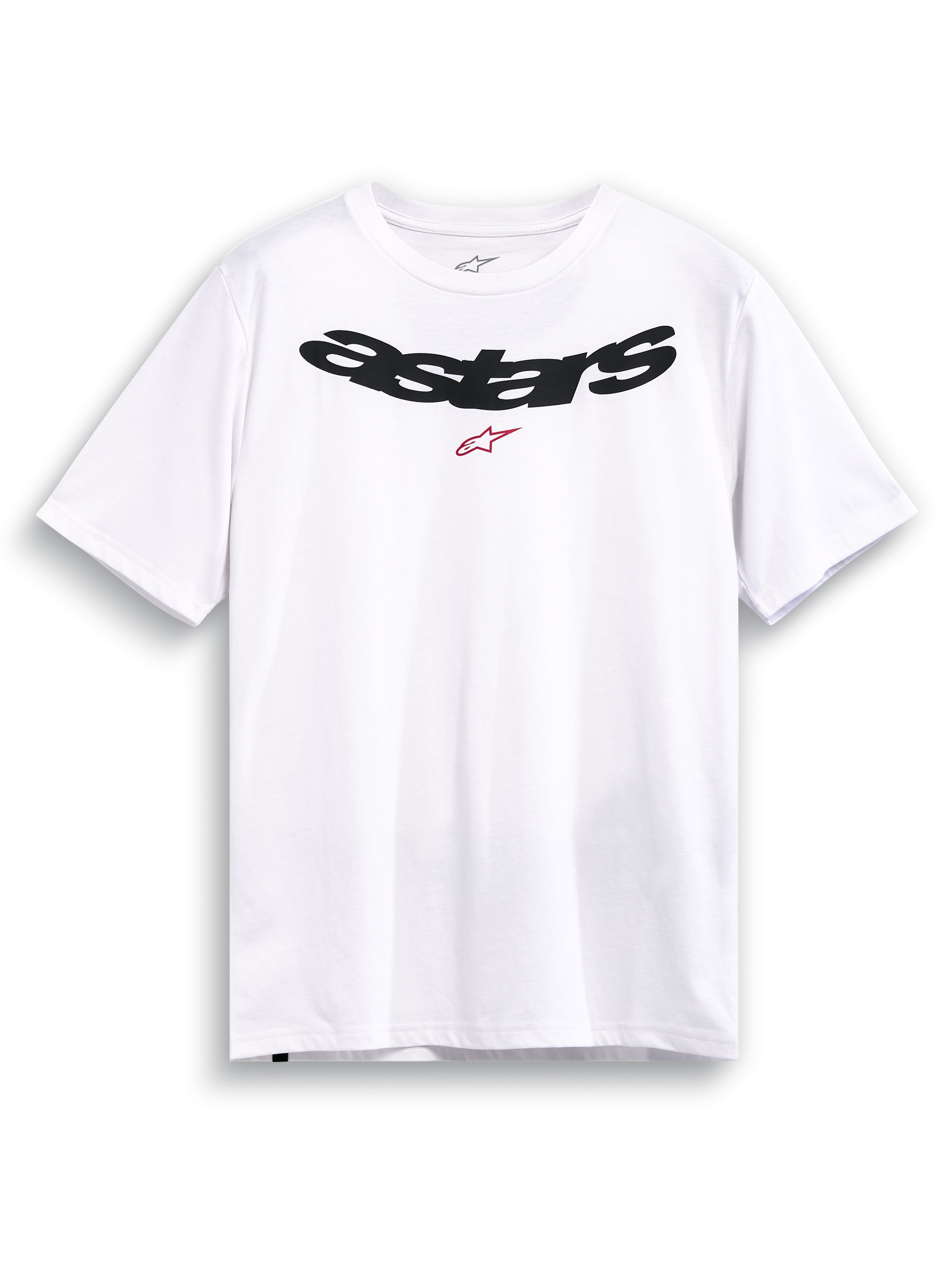 Alpinestars Elliptic CSF Tee, biała koszulka sportowa z krótkim rękawem, czarne łukowate logo astars i czerwona grafika logo na górnej części klatki piersiowej