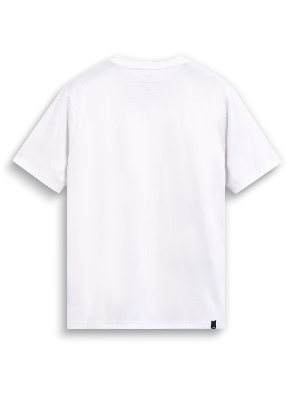 Alpinestars T-Shirt Elliptic CSF, biała koszulka z krótkim rękawem, widok z tyłu, wewnętrzny nadruk na karku oraz zewnętrzna etykieta na dole, casualowa odzież sportowa
