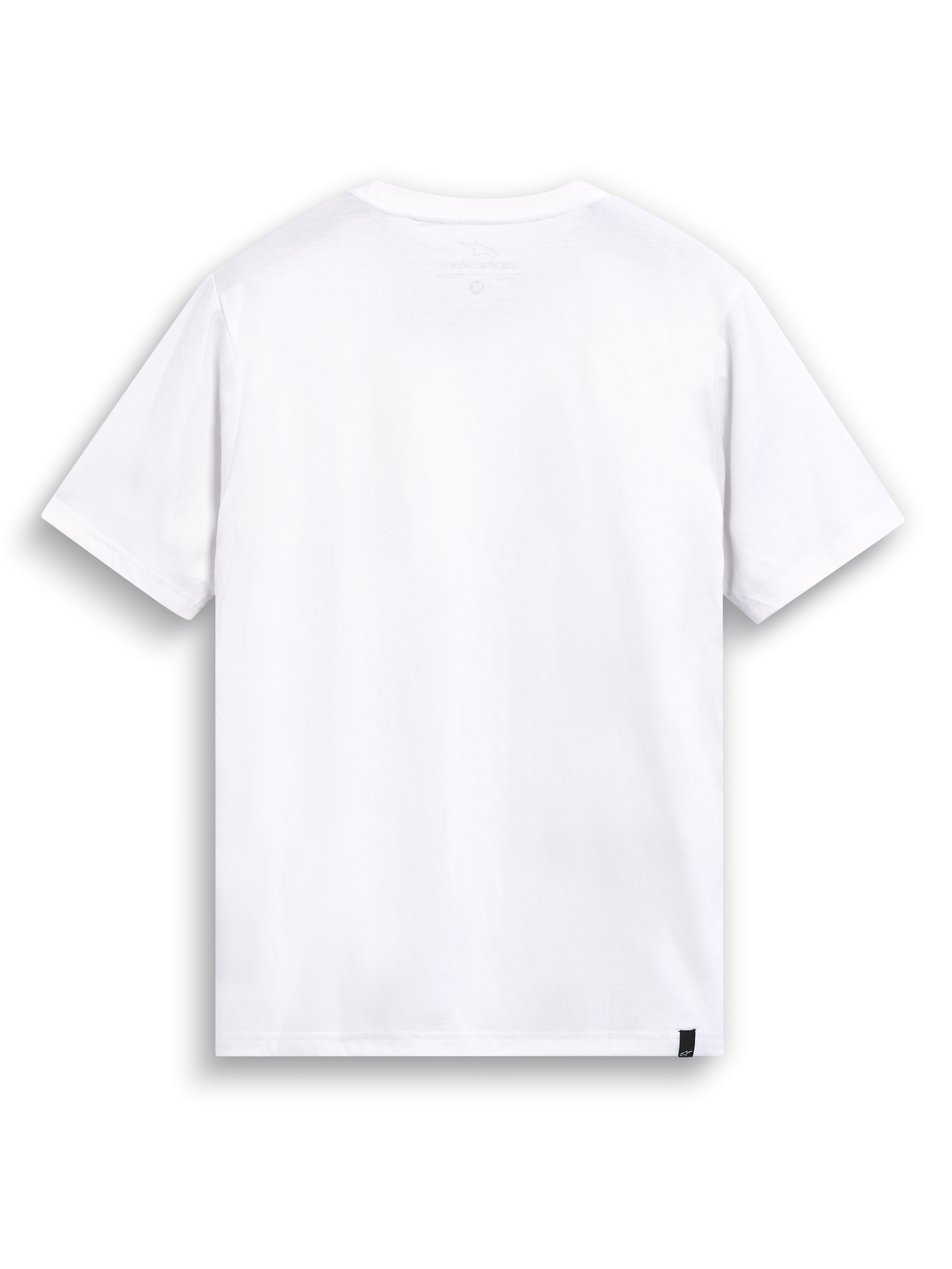 Alpinestars T-Shirt Elliptic CSF, biała koszulka z krótkim rękawem, widok z tyłu, wewnętrzny nadruk na karku oraz zewnętrzna etykieta na dole, casualowa odzież sportowa