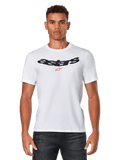 Alpinestars Elliptic CSF Tee, biała koszulka z krótkim rękawem prezentowana na modelu, czarne łukowate logo Astars z czerwoną gwiazdą na piersi, casualowa odzież motorsportowa