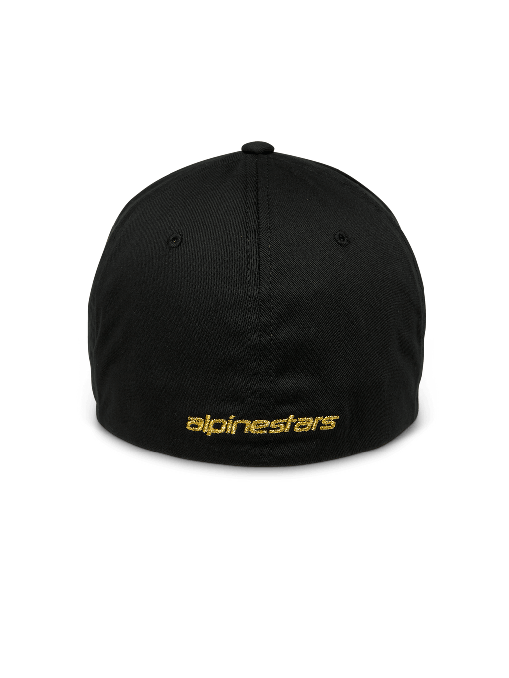 Alpinestars Gild Hat, czarna sportowa czapka z daszkiem, widok z tyłu ze złotym metalicznym płaskim haftem Alpinestars, zamknięta elastyczna konstrukcja typu flex back, usztywniona korona, codzienne nakrycie głowy inspirowane sportami motorowymi