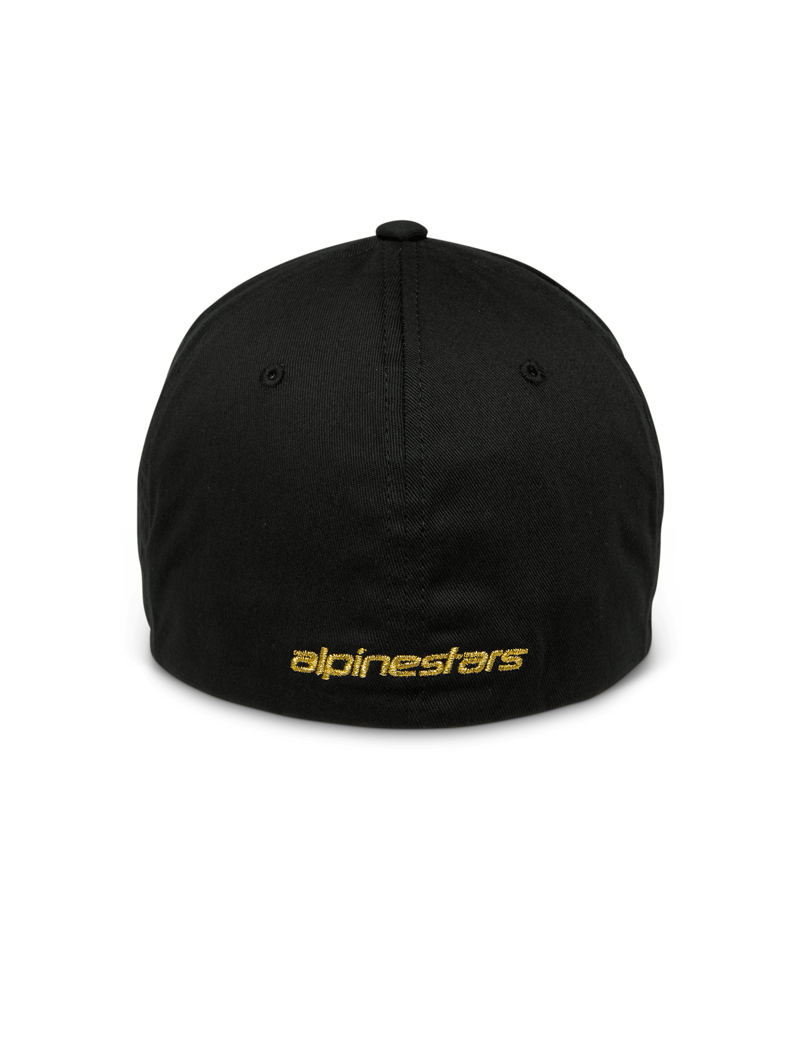 Alpinestars Gild Hat, czarna sportowa czapka z daszkiem, widok z tyłu ze złotym metalicznym płaskim haftem Alpinestars, zamknięta elastyczna konstrukcja typu flex back, usztywniona korona, codzienne nakrycie głowy inspirowane sportami motorowymi