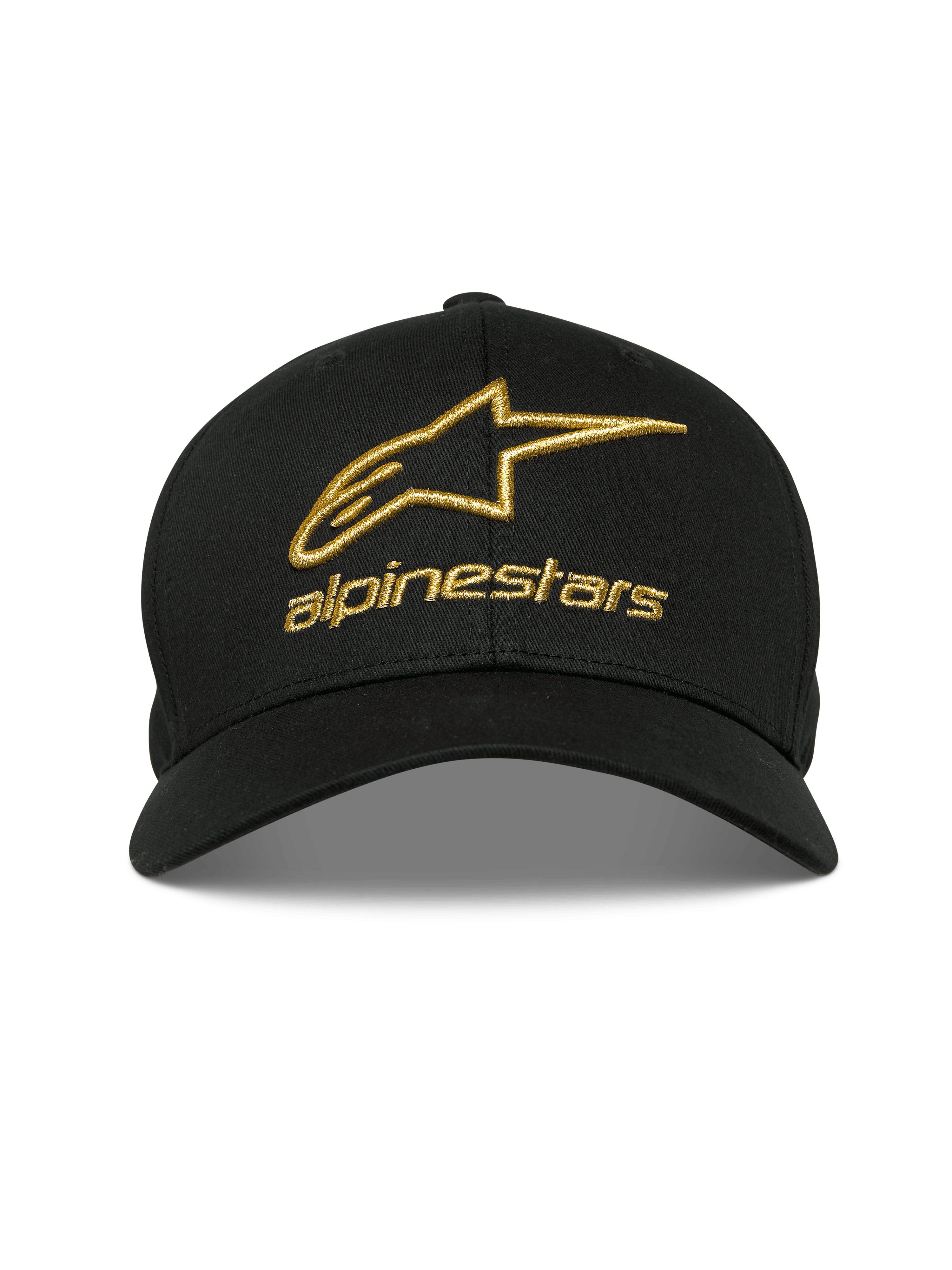 Alpinestars Gild Hat, czarna czapka z daszkiem, złoty metaliczny haft 3D z logo Alpinestars, zakrzywiony daszek i usztywniona korona, codzienna odzież sportowa typu motorsport