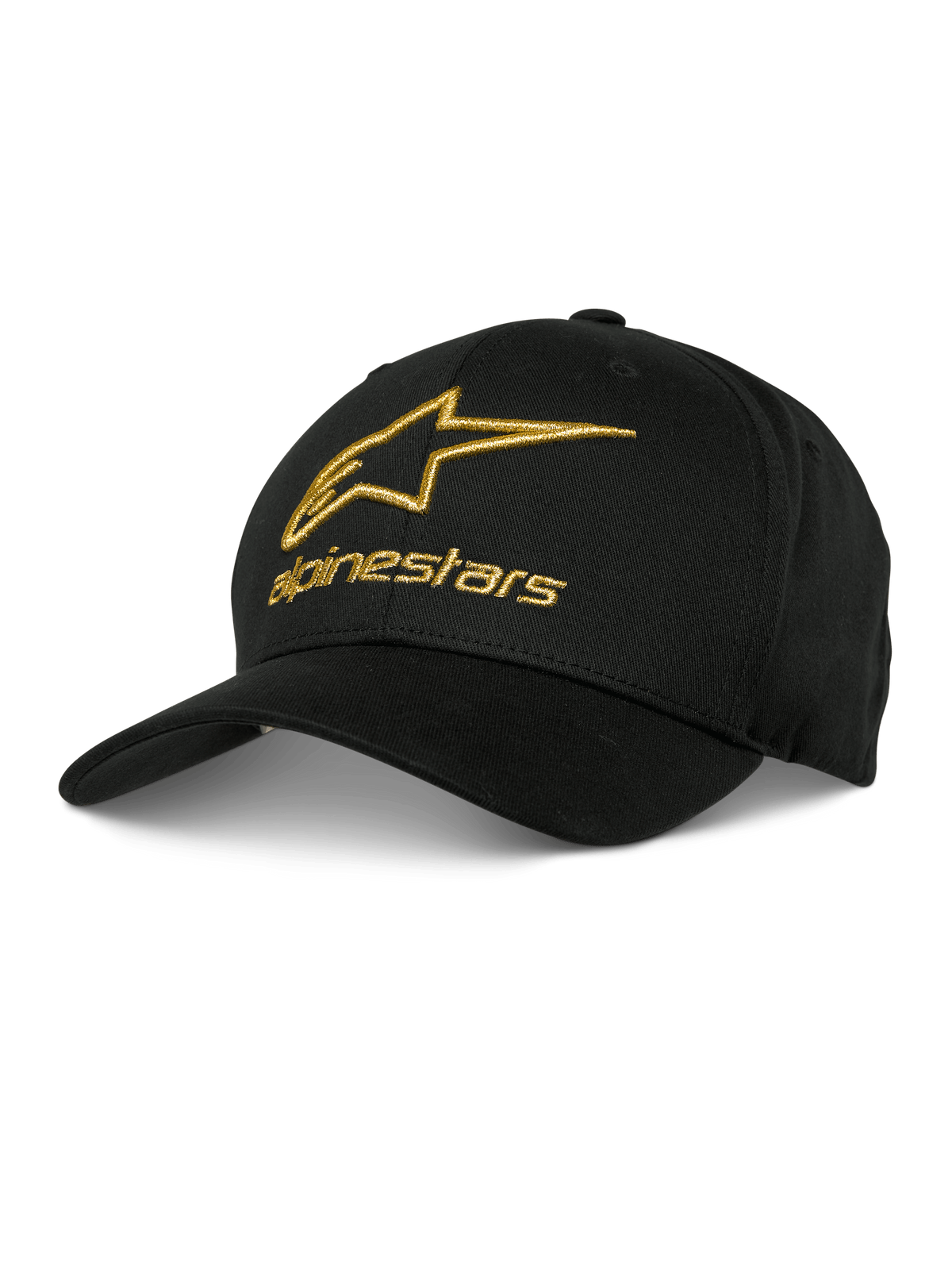 Alpinestars Gild Hat, czarna czapka z daszkiem baseballowa, złote metaliczne haftowane logo 3D, strukturalna korona i zakrzywiony daszek, codzienna odzież motorsportowa