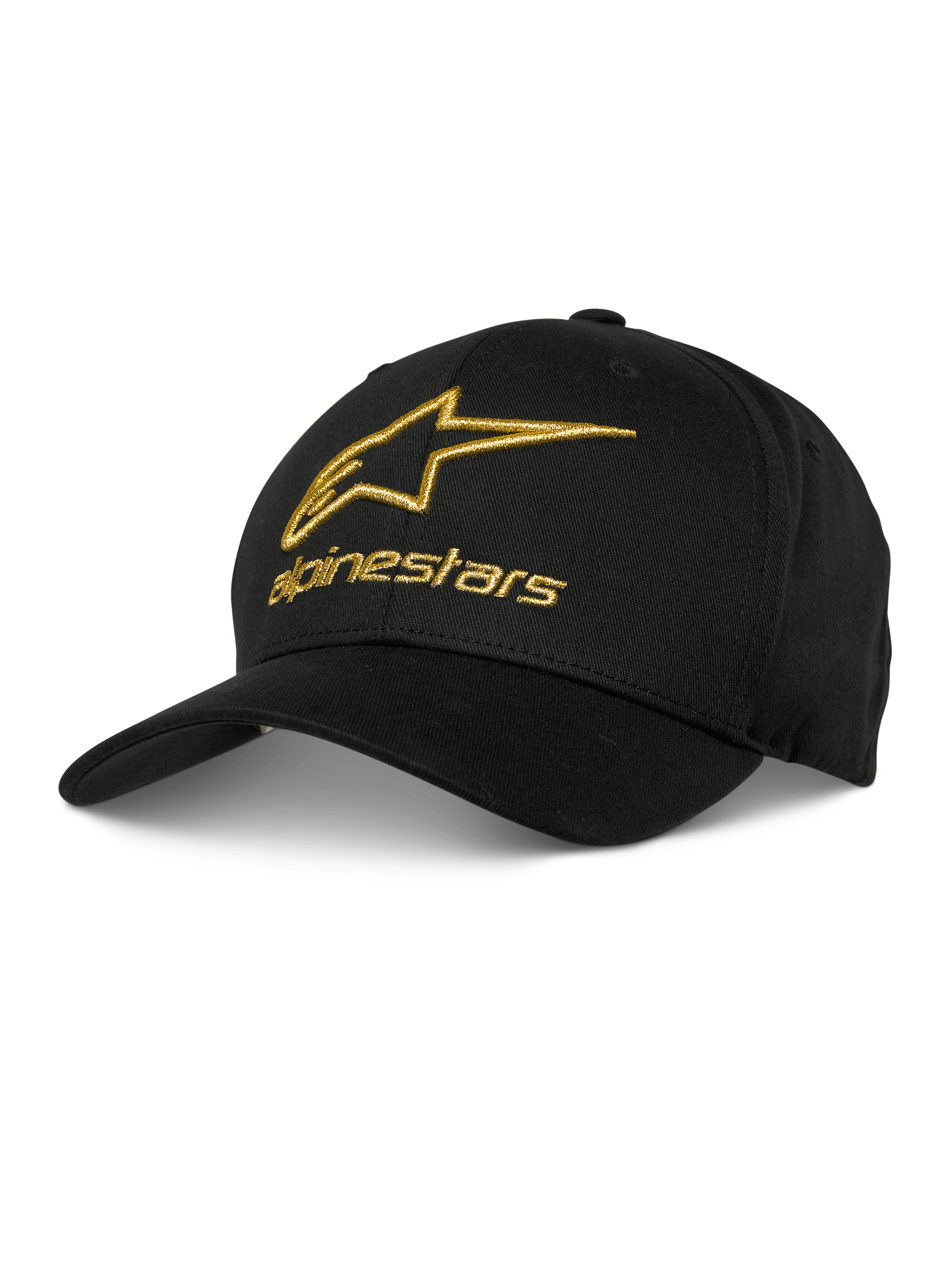 Alpinestars Gild Hat, czarna czapka z daszkiem baseballowa, złote metaliczne haftowane logo 3D, strukturalna korona i zakrzywiony daszek, codzienna odzież motorsportowa
