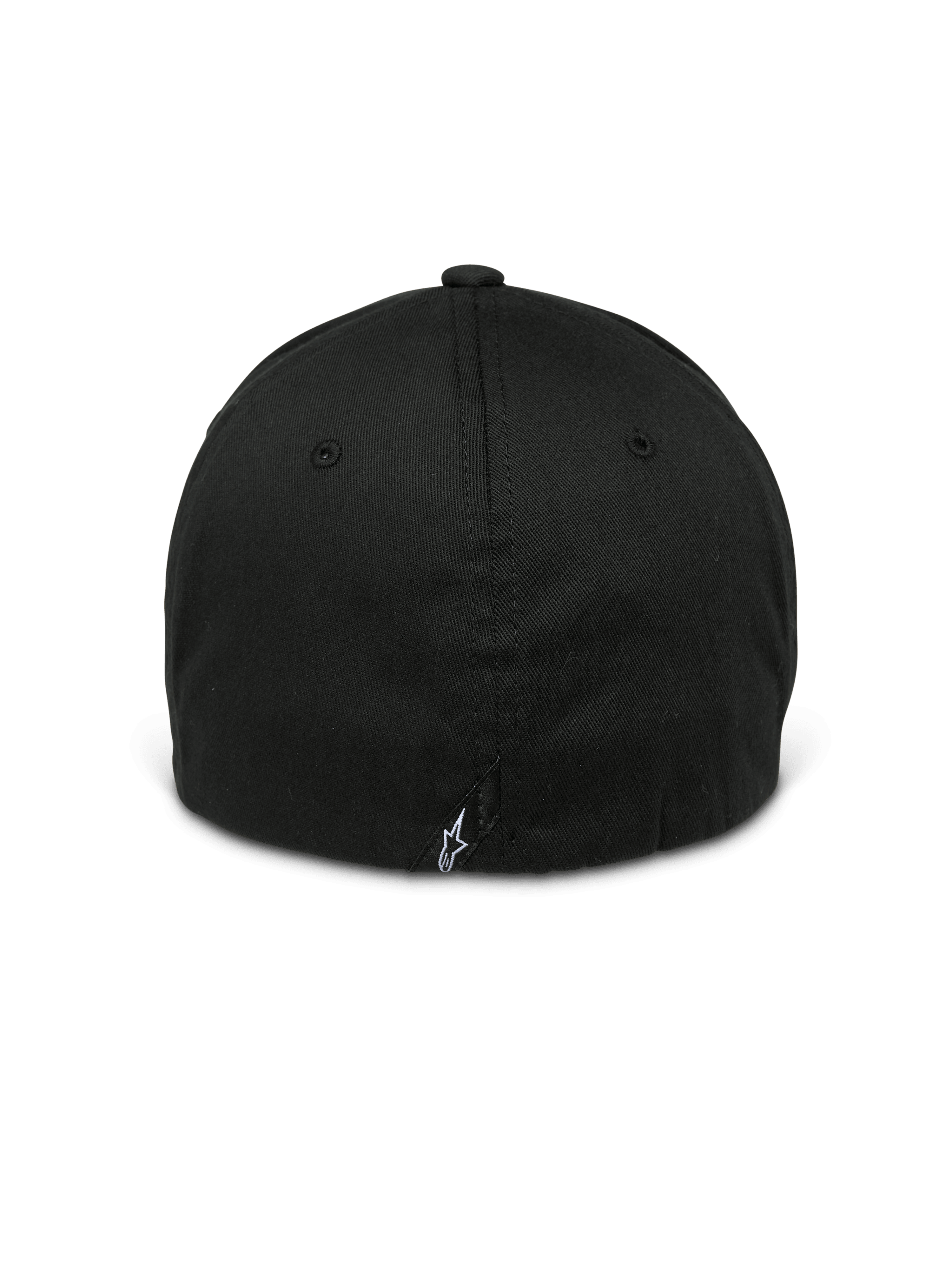 Alpinestars Arcstars Hat, czarna, widok z tyłu czapki typu flex-back, małe białe logo Astars na tylnej metce, strukturalna korona z dopasowanymi kolorystycznie otworami wentylacyjnymi, codzienne nakrycie głowy inspirowane sportami motorowymi