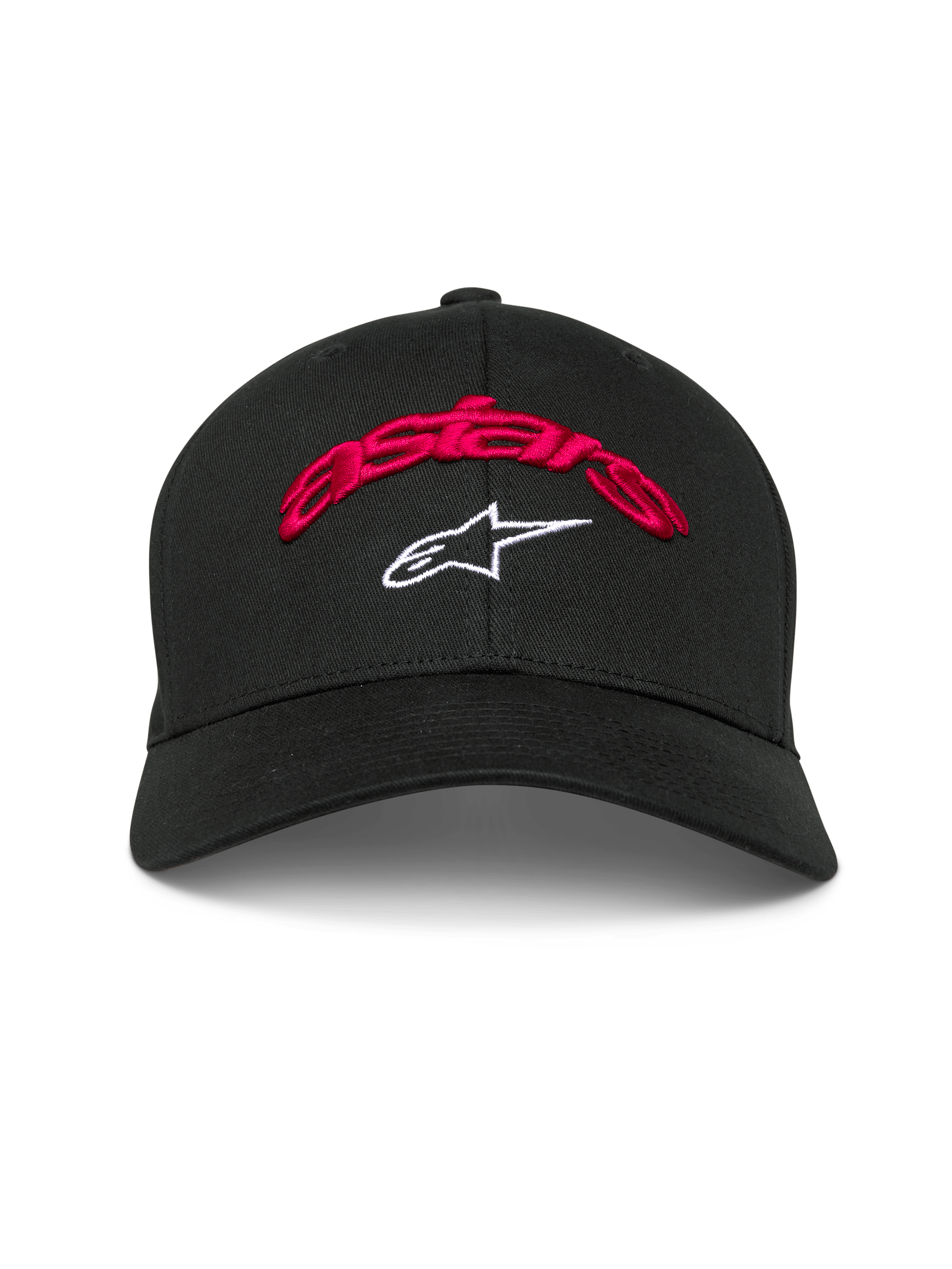 Alpinestars Arcstars Hat, czarna czapka z daszkiem, czerwony haft 3D z napisem astars i białe logo z gwiazdą, zakrzywiony daszek, strukturalna korona, casualowe nakrycie głowy w stylu motorsport