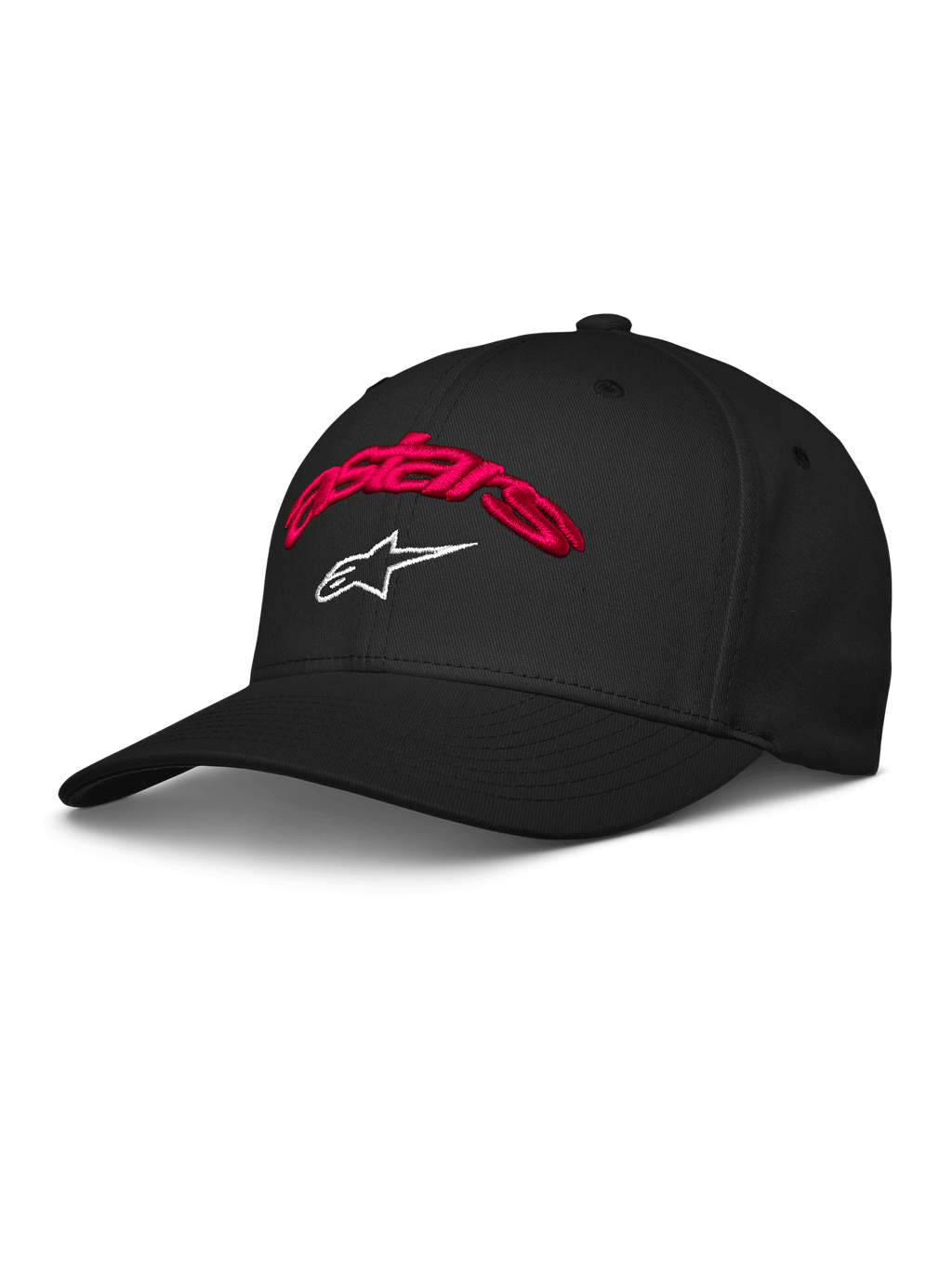 Alpinestars Arcstars Hat, czarna czapka z daszkiem, czerwony haft 3D z napisem Astars i białe logo gwiazdy, zakrzywiony daszek, strukturalna korona, codzienna odzież sportowa motorsport