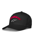 Alpinestars Arcstars Hat, czarna czapka z daszkiem, czerwony haft 3D z napisem Astars i białe logo gwiazdy, zakrzywiony daszek, strukturalna korona, codzienna odzież sportowa motorsport
