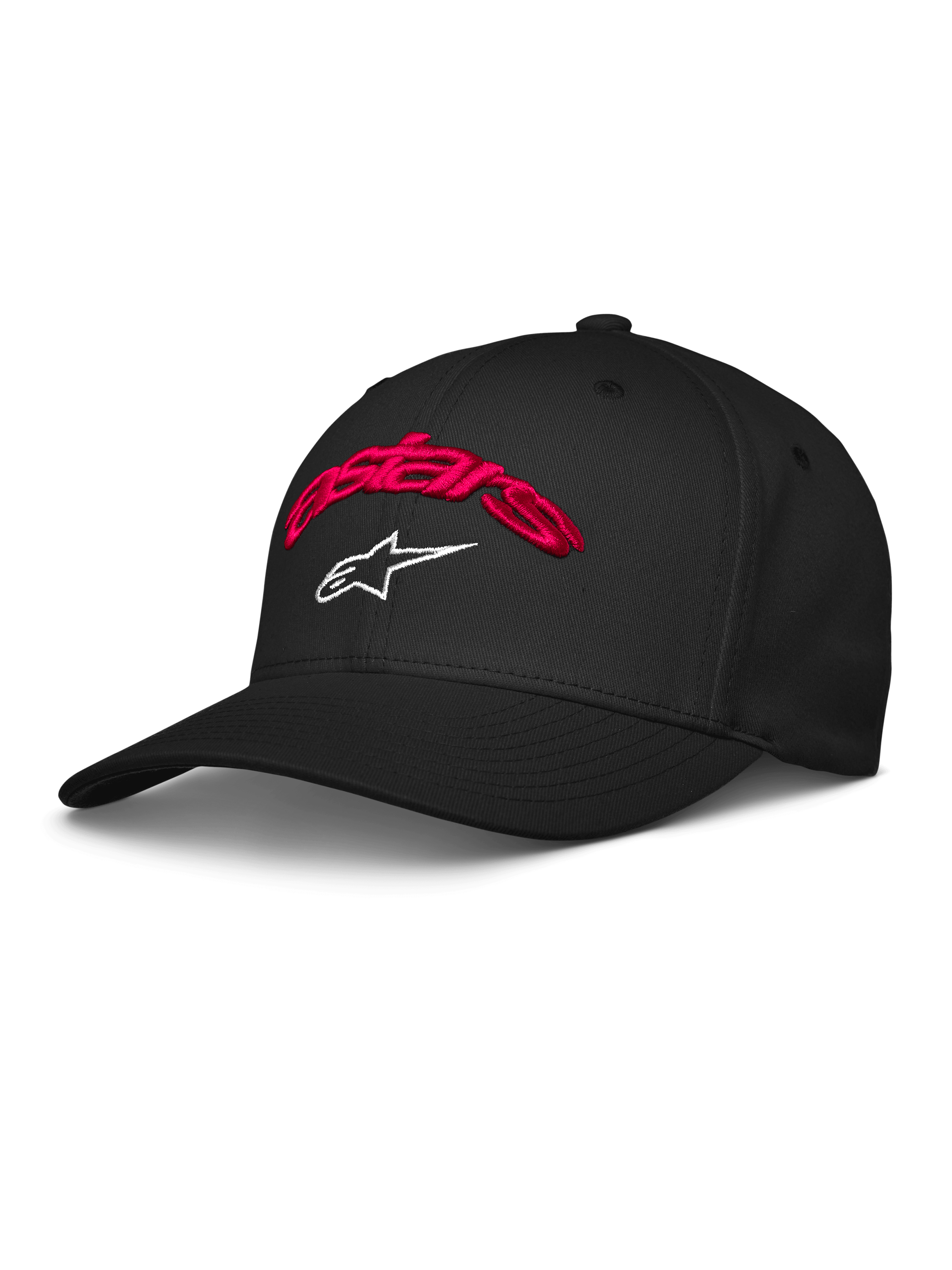 Alpinestars Arcstars Hat, Black Baseball Cap featuring Red 3D Embroidered Astars Script and White Star Logo, Curved Bill, Structured Crown, Casual Motorsport Sportswear