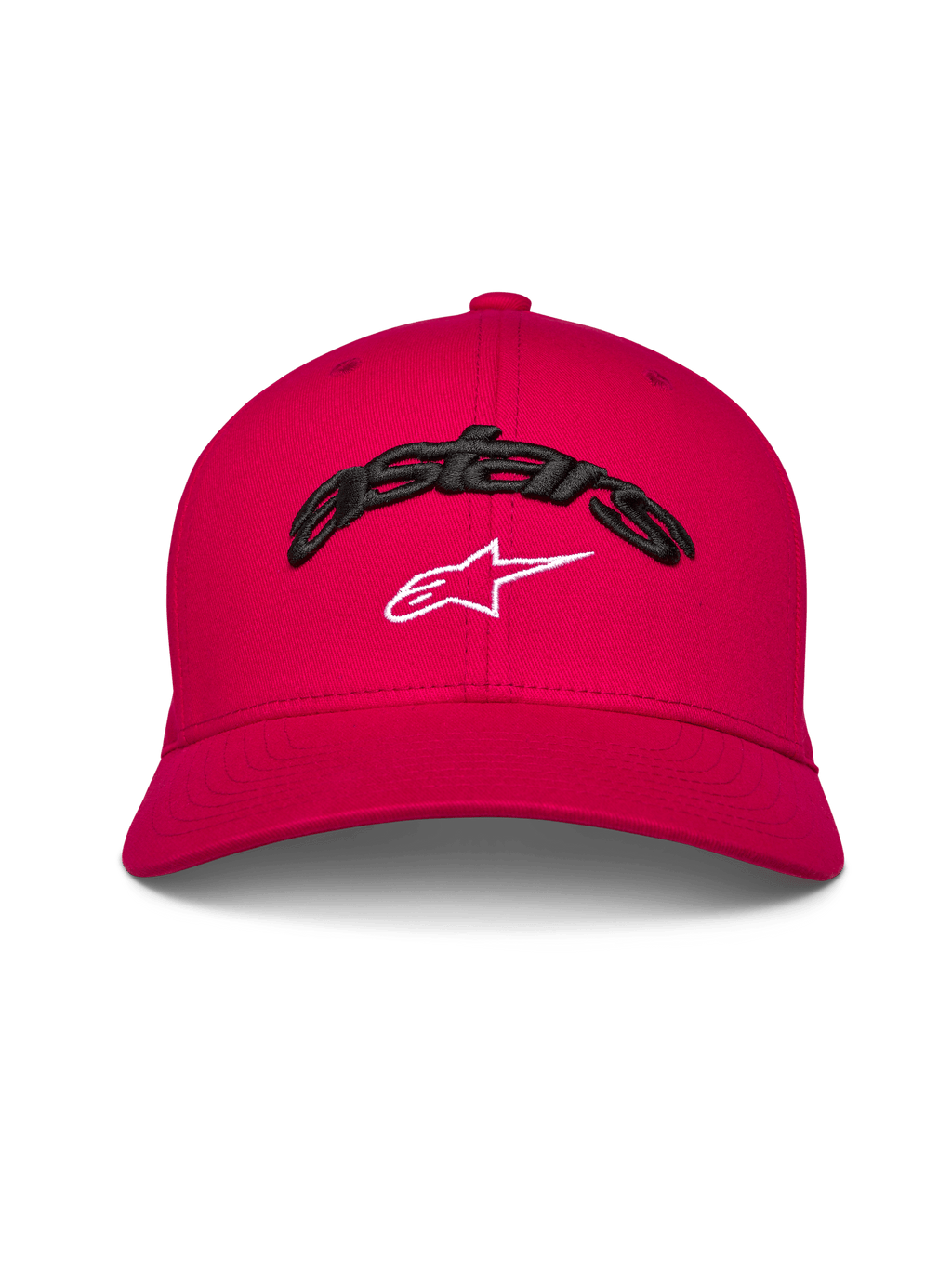 Alpinestars Arcstars Hat, czerwona czapka z zakrzywionym daszkiem, czarny haft 3D z napisem Astars i białym logo gwiazdy, strukturalna korona, codzienne nakrycie głowy inspirowane sportami motorowymi