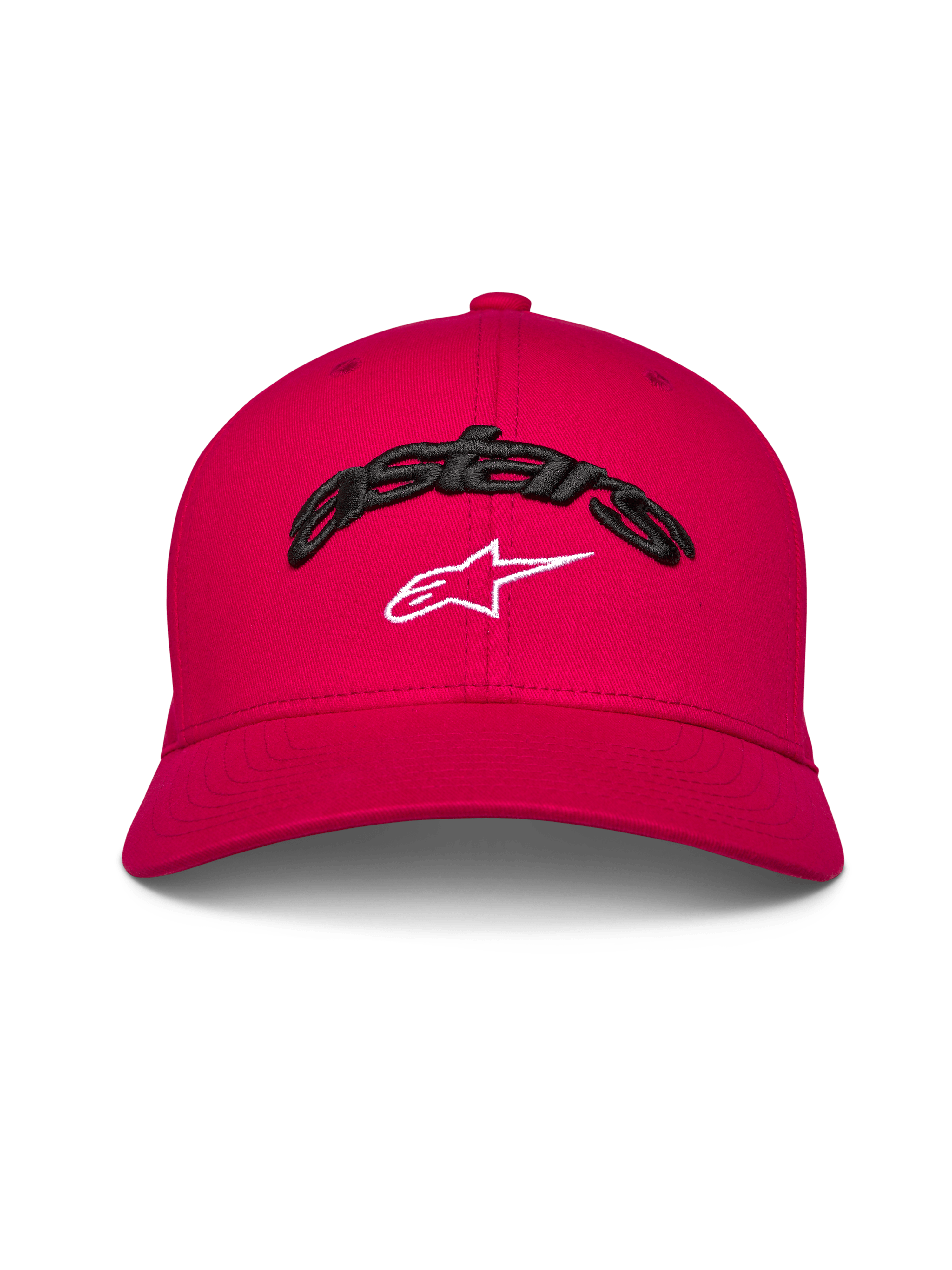 Alpinestars Arcstars Hat, czerwona czapka z zakrzywionym daszkiem, czarny haft 3D z napisem Astars i białym logo gwiazdy, strukturalna korona, codzienne nakrycie głowy inspirowane sportami motorowymi