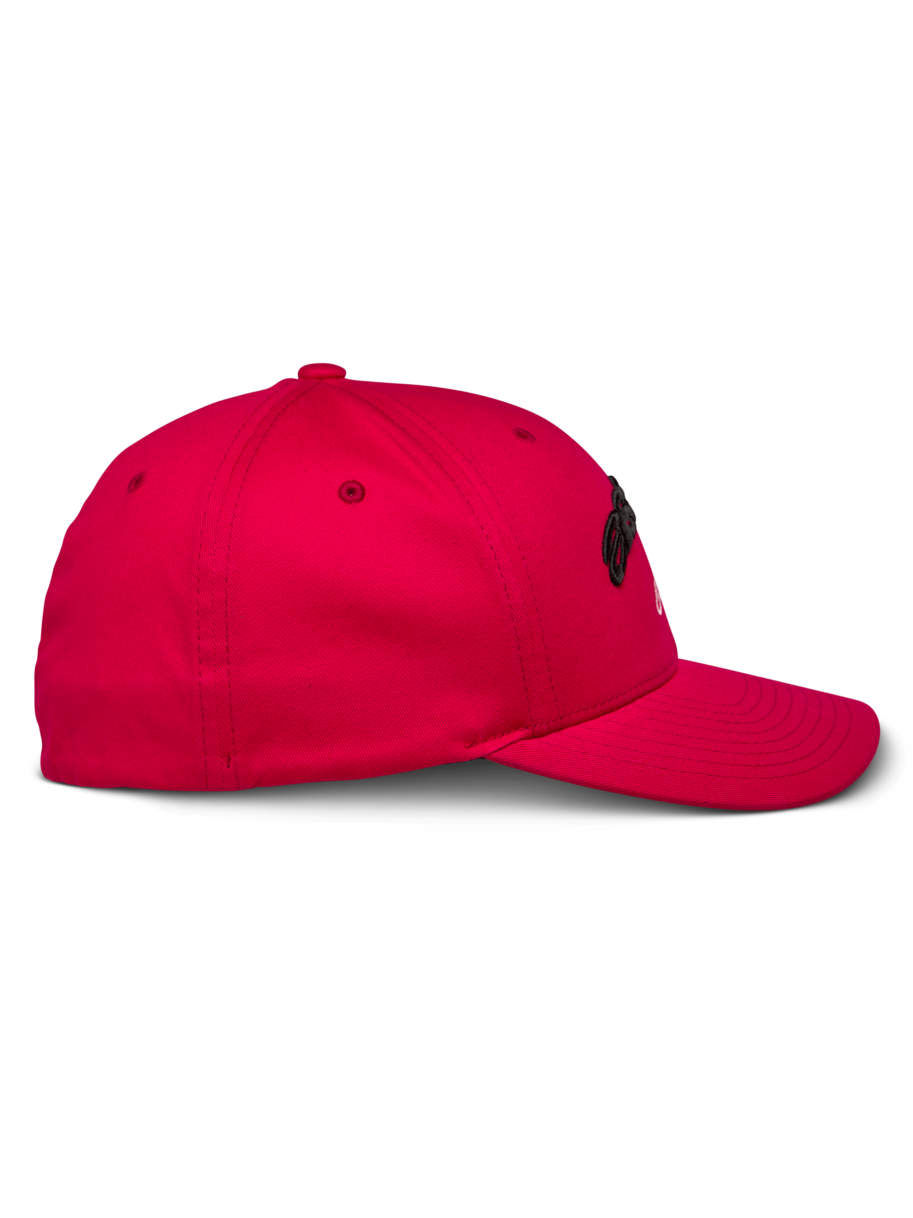 Alpinestars Arcstars Hat, czerwona, widok z boku, strukturalna czapka z zakrzywionym daszkiem, tkanina z elastycznego diagonalu, czarny haft 3D, odzież sportowa