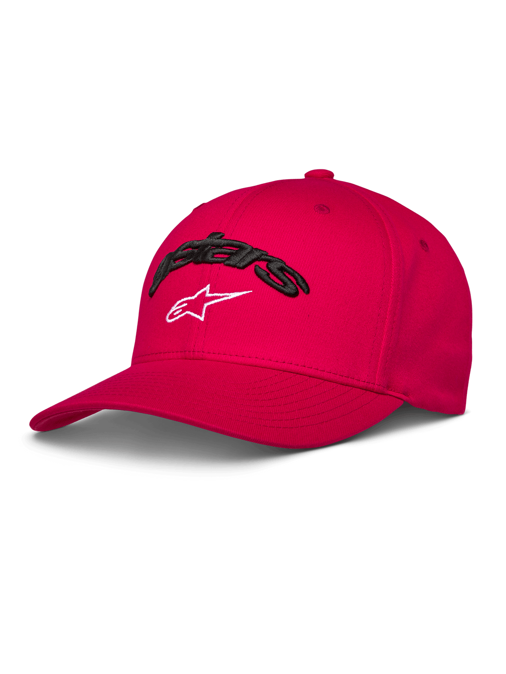Alpinestars Arcstars Hat, czerwona czapka bejsbolowa, zakrzywiony daszek i strukturalna korona, czarny haft 3D Astars z białym logo gwiazdy, codzienna odzież motorsportowa