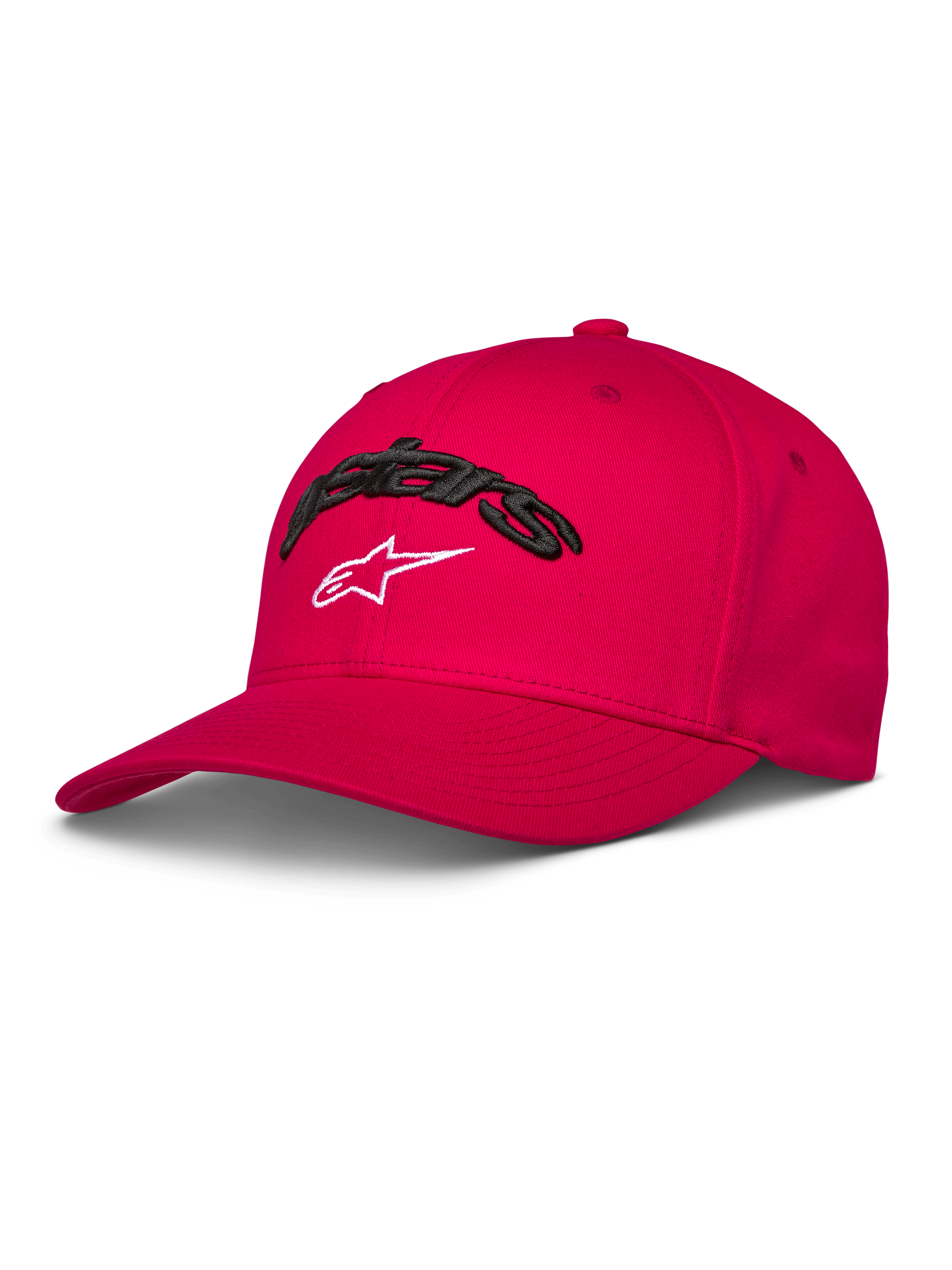 Alpinestars Arcstars Hat, czerwona czapka bejsbolowa, zakrzywiony daszek i strukturalna korona, czarny haft 3D Astars z białym logo gwiazdy, codzienna odzież motorsportowa