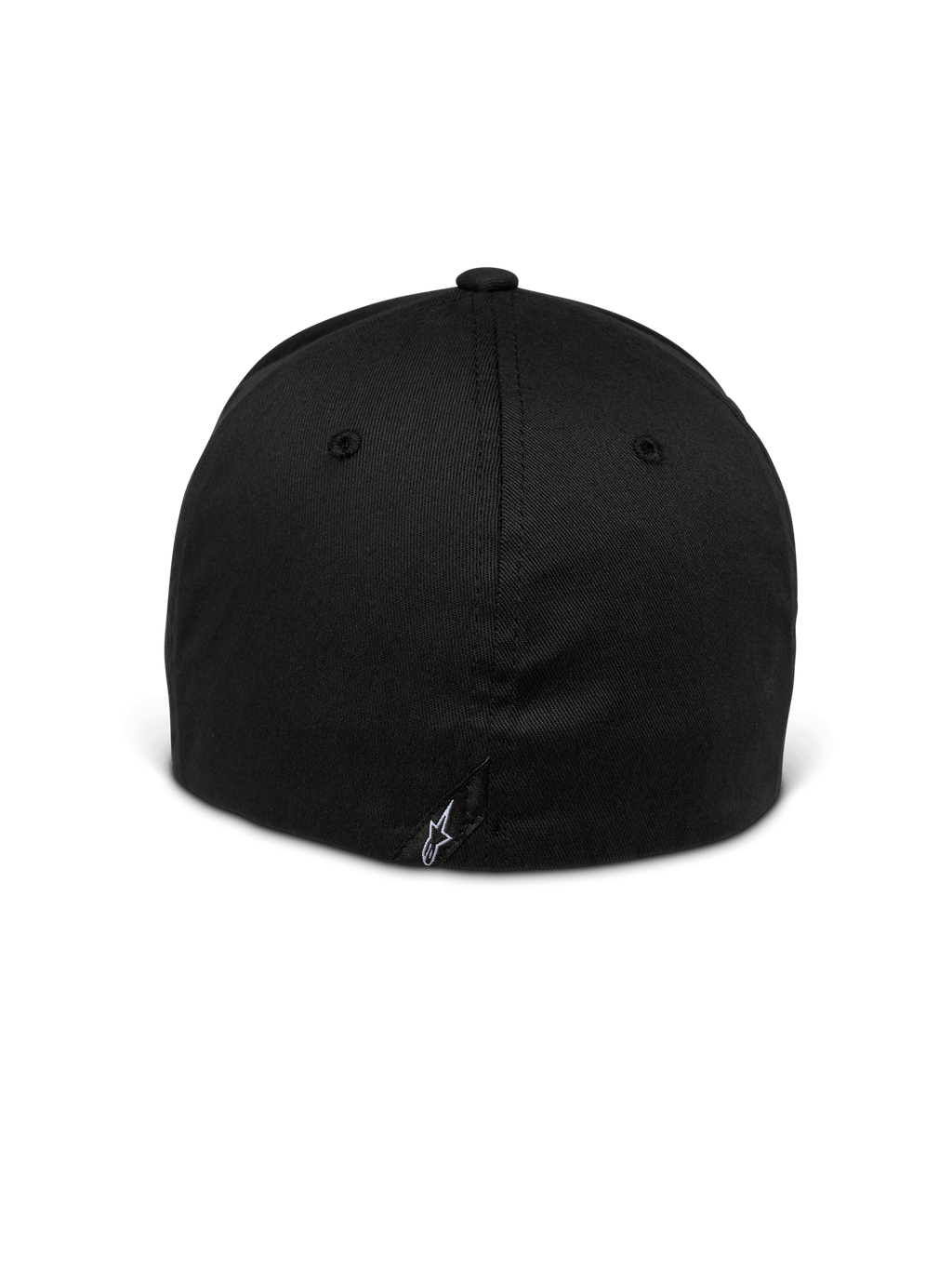 Alpinestars Setting Hat, czarna czapka z elastycznym tyłem, widok z tyłu ukazujący zamkniętą konstrukcję typu flex, małe białe haftowane logo gwiazdy na dolnym szwie, usztywniana korona z elastycznego diagonalu