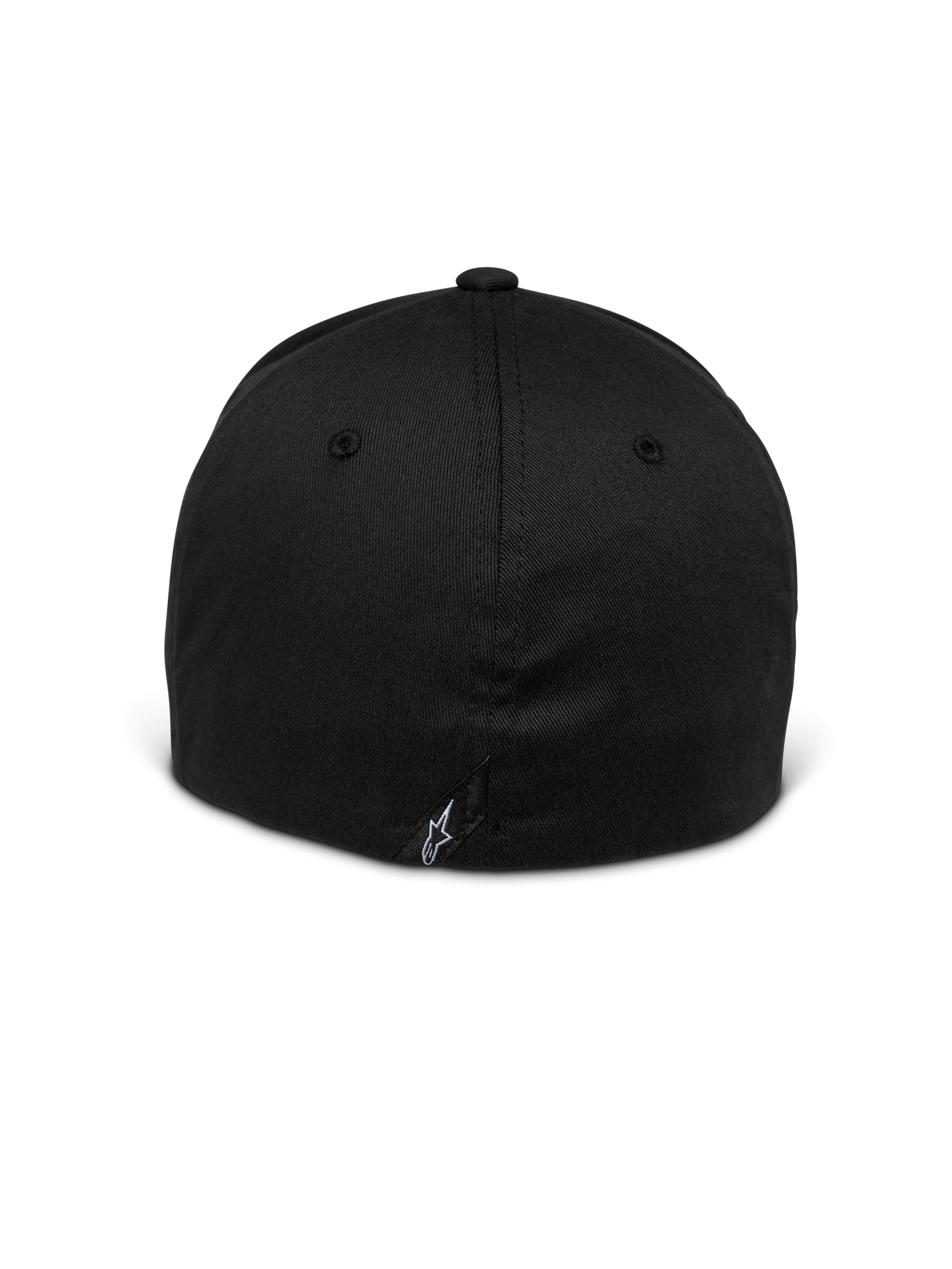 Alpinestars Setting Hat, czarna czapka z elastycznym tyłem, widok z tyłu ukazujący zamkniętą konstrukcję typu flex, małe białe haftowane logo gwiazdy na dolnym szwie, usztywniana korona z elastycznego diagonalu