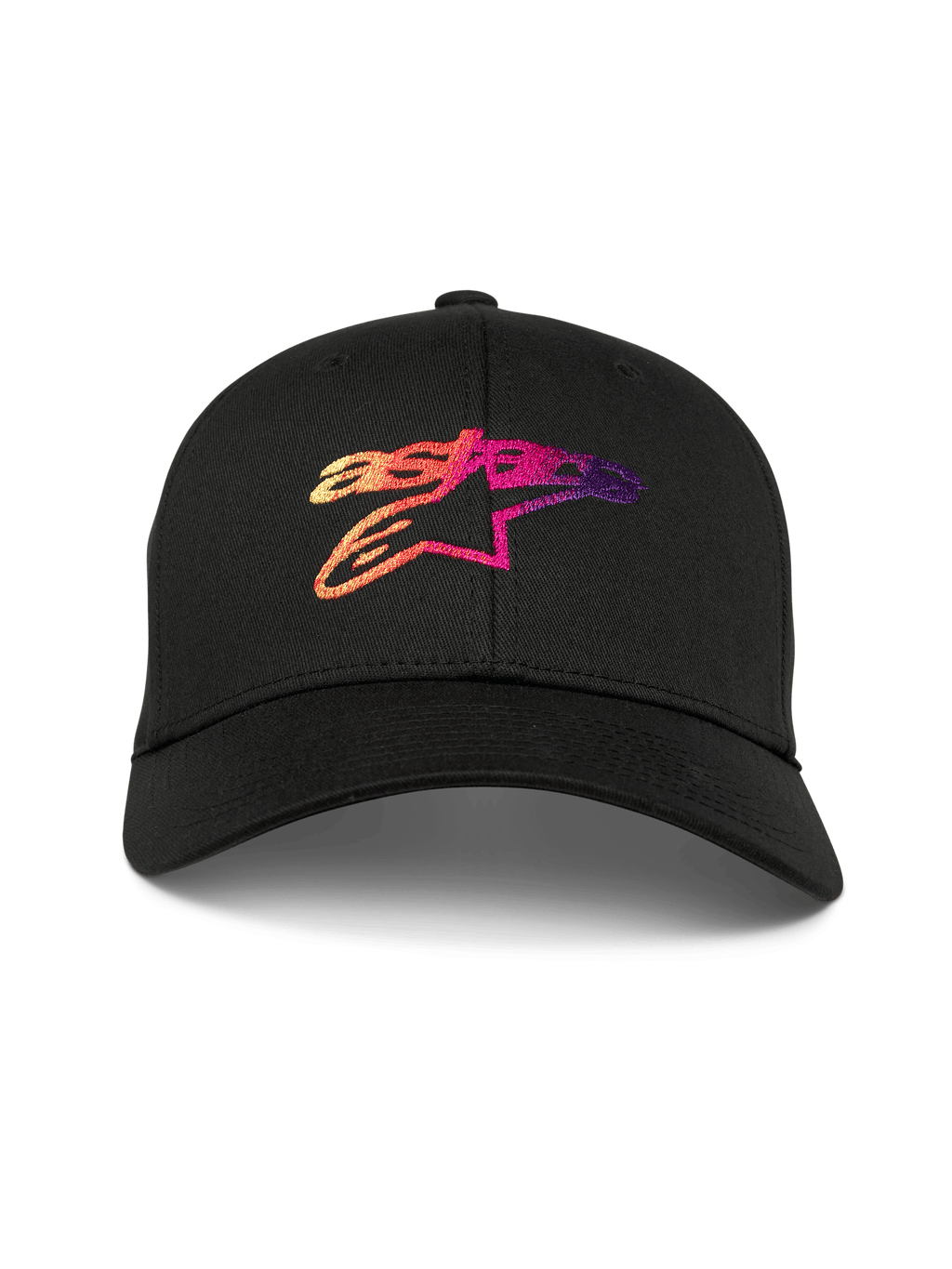 Czapka Alpinestars Setting, czarna czapka z zakrzywionym daszkiem, haftowane logo Astar 3D z gradientem w odcieniach pomarańczu, różu i fioletu, strukturalna korona, sportowy styl motorsport
