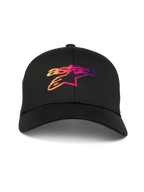 Czapka Alpinestars Setting, czarna czapka z zakrzywionym daszkiem, haftowane logo Astar 3D z gradientem w odcieniach pomarańczu, różu i fioletu, strukturalna korona, sportowy styl motorsport
