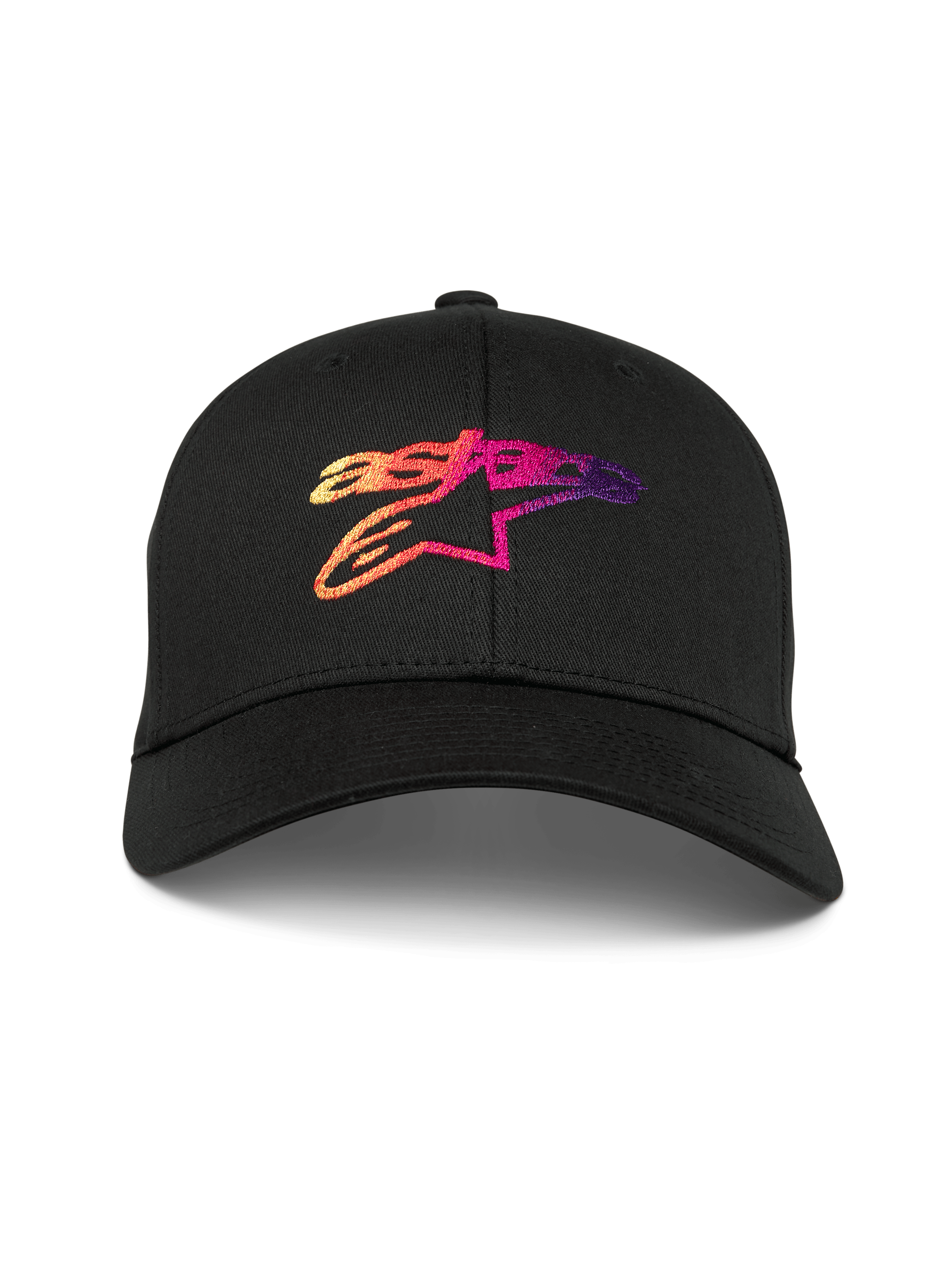 Czapka Alpinestars Setting, czarna czapka z zakrzywionym daszkiem, haftowane logo Astar 3D z gradientem w odcieniach pomarańczu, różu i fioletu, strukturalna korona, sportowy styl motorsport