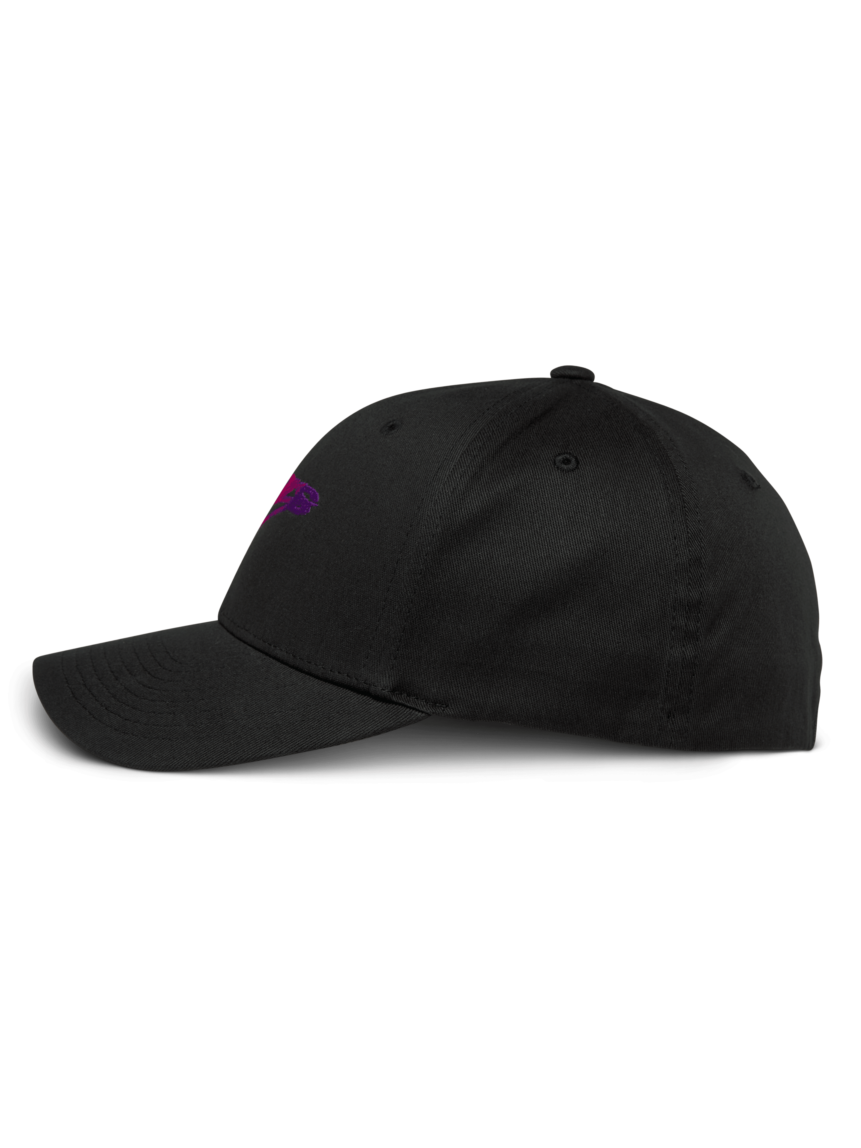 Alpinestars Setting Hat, czarna czapka z daszkiem, widok z profilu, zakrzywiony daszek z usztywnioną koroną, fioletowe haftowane logo 3D z gradacją, elastyczny diagonal